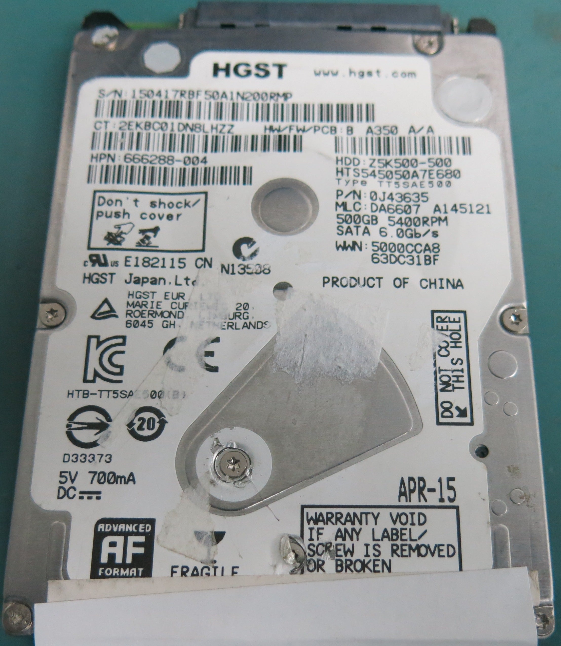 HTS545050A7E680, P/N: 0J43635, MLC: DA6607, 500GB 2.5