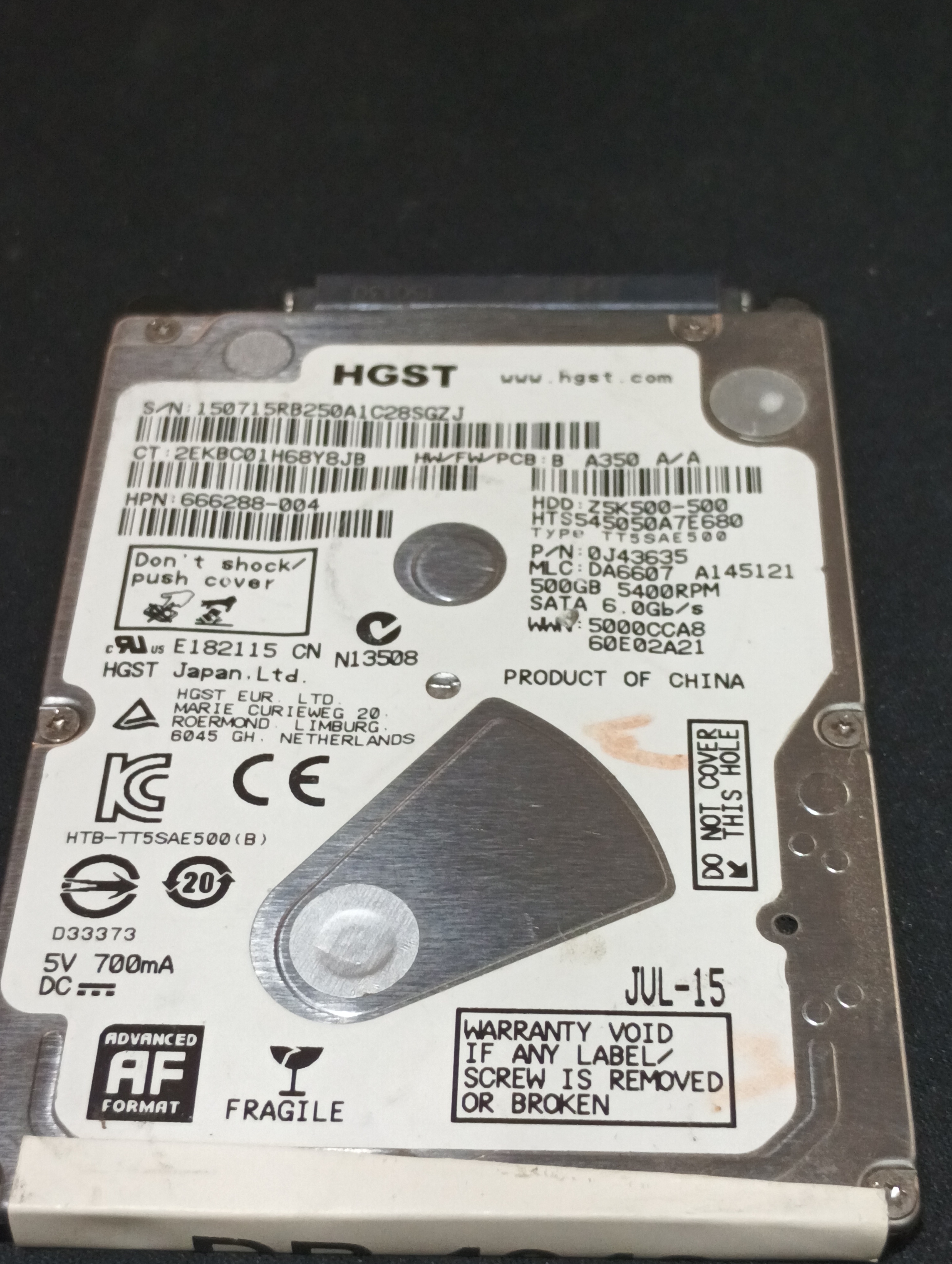 HTS545050A7E680,  P/N: 0J43635,  MLC: DA6607,  Serial: 150715RB250A1C28SGZJ,  500GB 2.5,  PCB :220 0A90427 01,