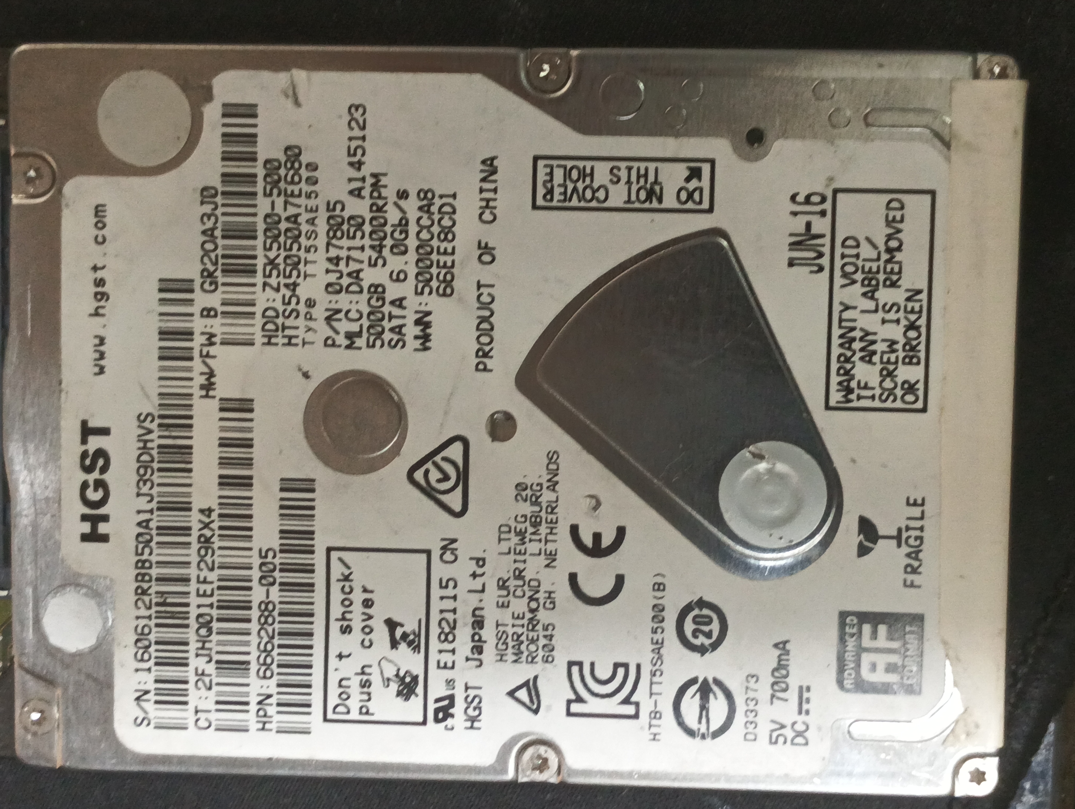 HTS545050A7E680,  P/N: 0J47805,  MLC: DA7150,  Serial: 160612EBB50A1J39DHVS,  500GB 2.5,  PCB :220 0A90429 01,