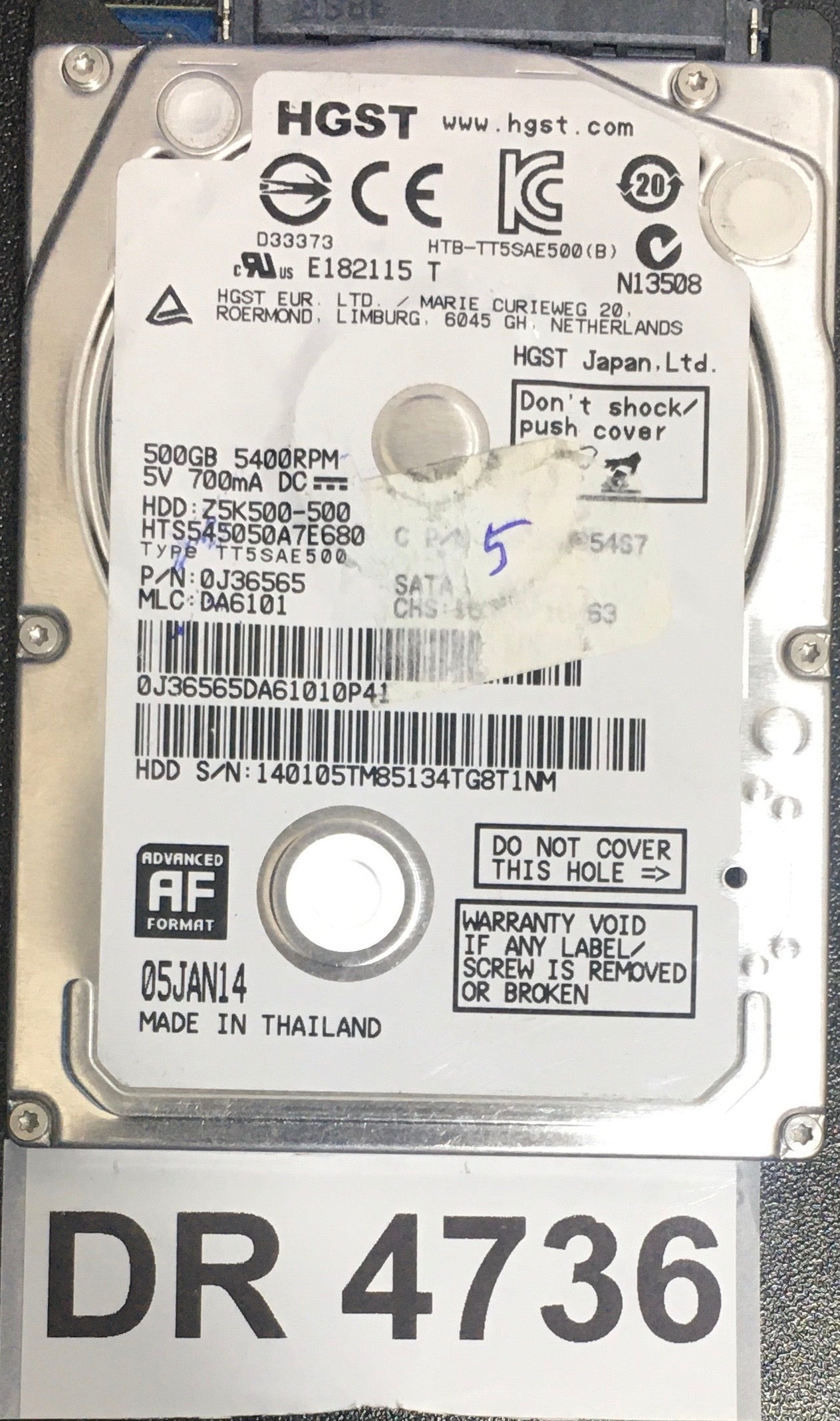 HTS545050A7E680,  Serial: 140105TM85134TG8T1NM,  500GB 2.5,  PCB : 220 0A90351 01,