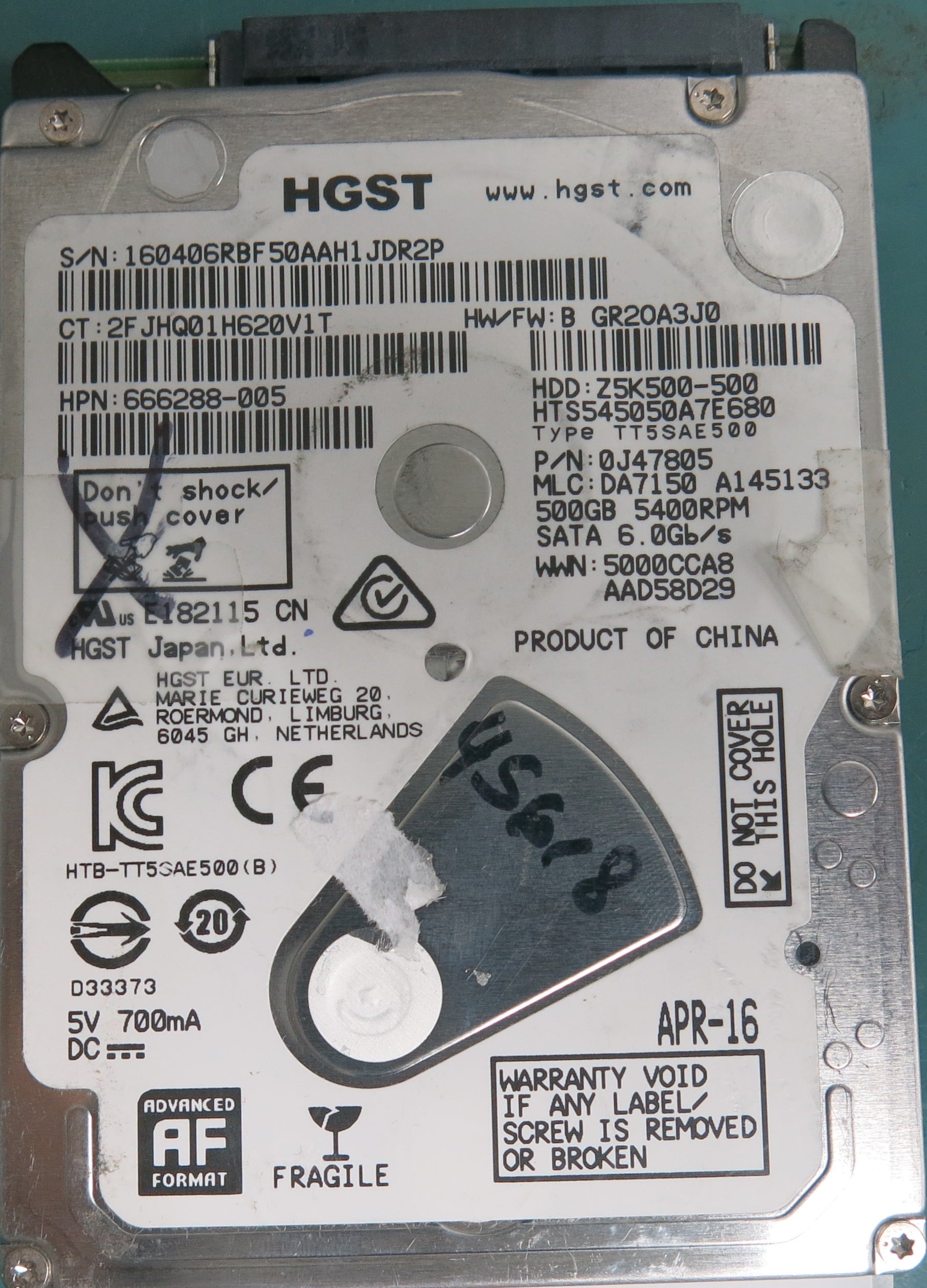 HTS545050A7E680, Serial Number: 160406RBF50AAH1JDR2P, P/N: 0J47805, MLC: DA7150 A145133, 500GB 3.5, PCB: 220 0A90427 01