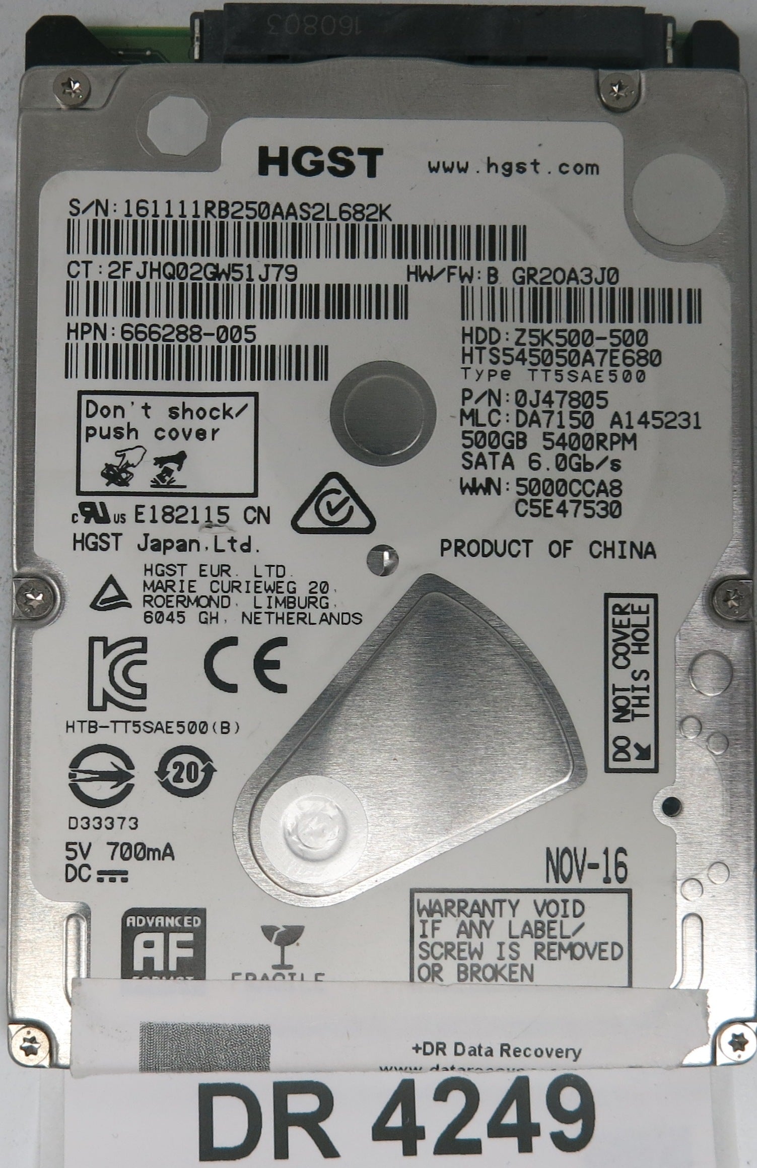 HTS545050A7E680, Serial Number: 161111RB250AAS2L682K, P/N: 0J47805, MLC: DA7150, PCB: 220 0A90427 01