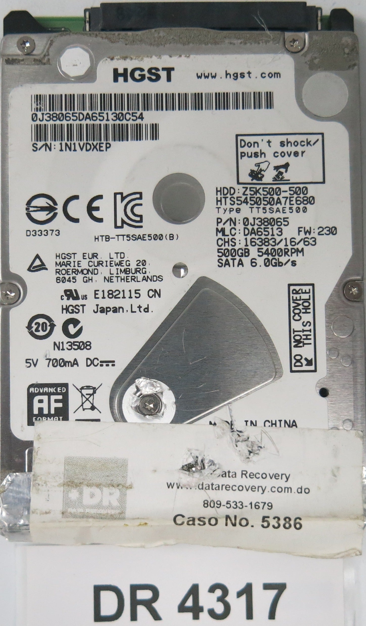 HTS545050A7E680, Serial Number: 1N1VDXEP, P/N: 0J38065, MLC: DA6513, 500GB 3.5