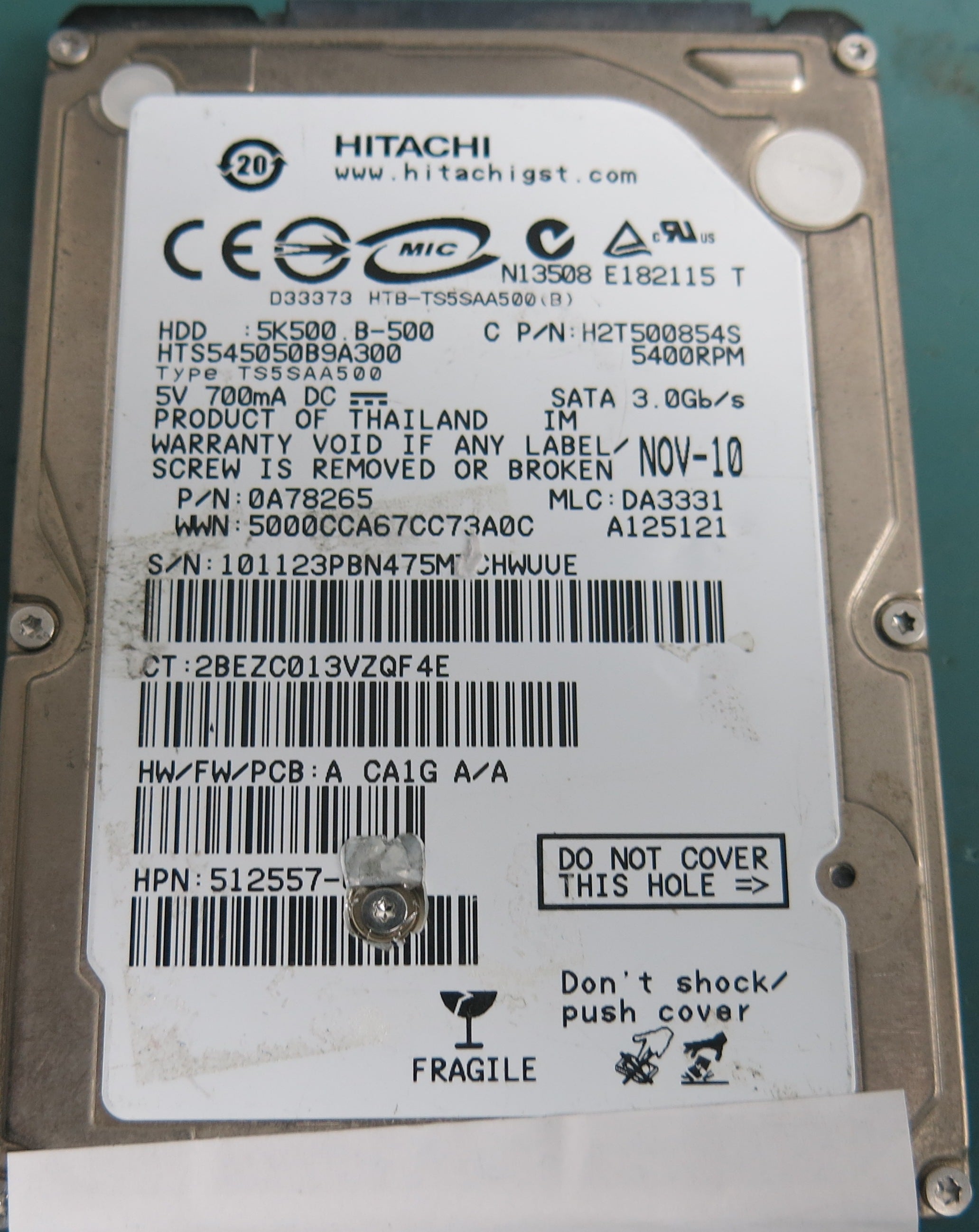 HTS545050B9A300, P/N: 0A78265, MLC:  DA3331