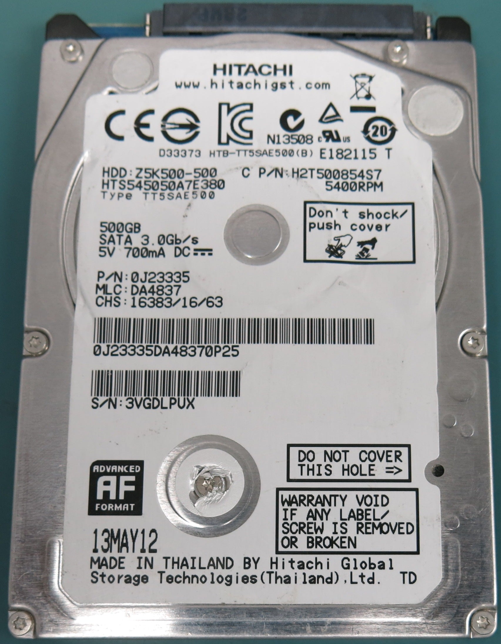 HTS5450A7E380, P/N: 0J23335, MLC:  DA4837, 500GB 2.5