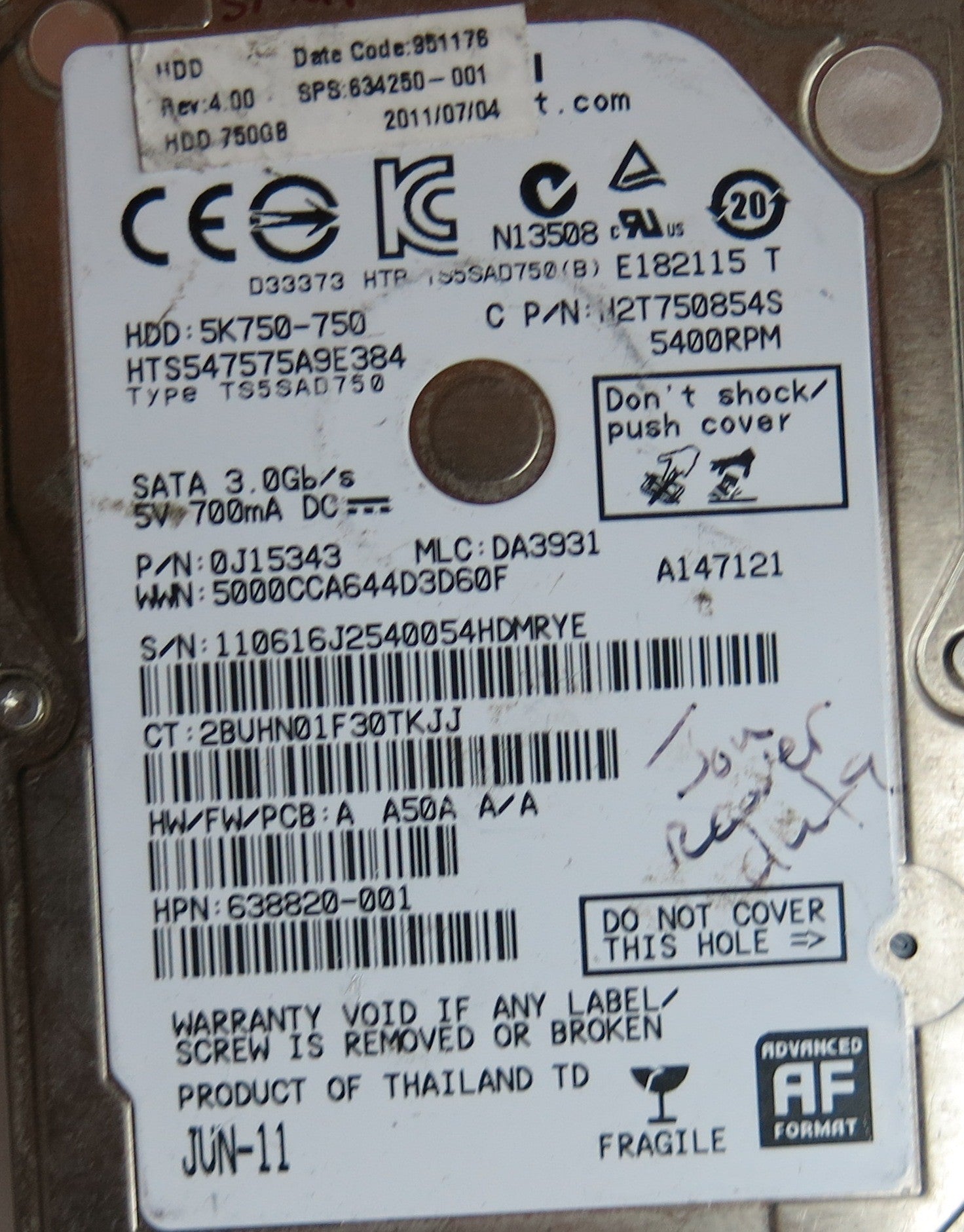 HTS547575A9E384, PN 0A15343, MLC, DA3931, 220 0A90269 01 PCB