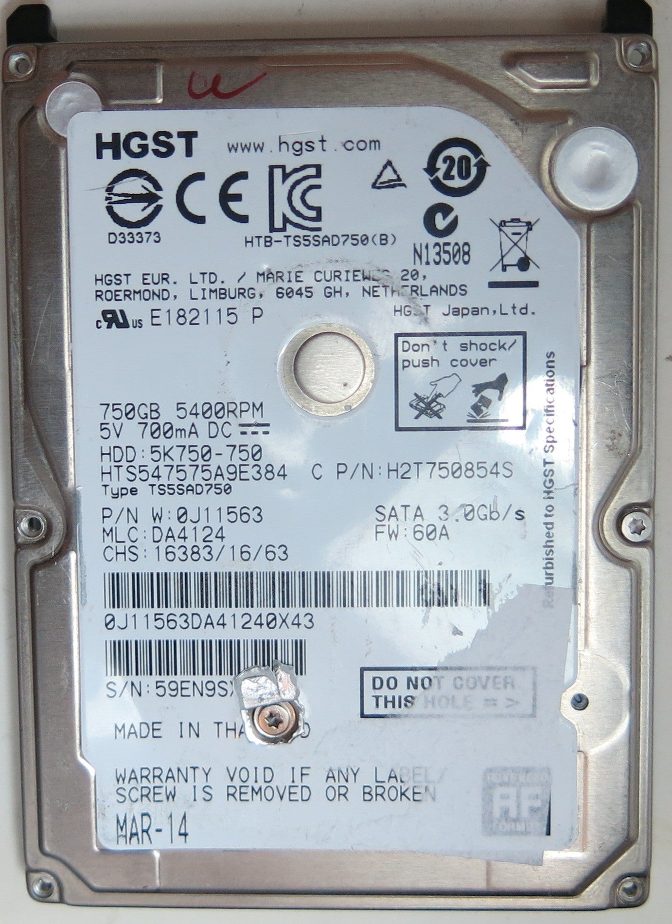 HTS547575A9E384, PN 0J11563, MLC  DA4124, 220 0A90269 01 PCB