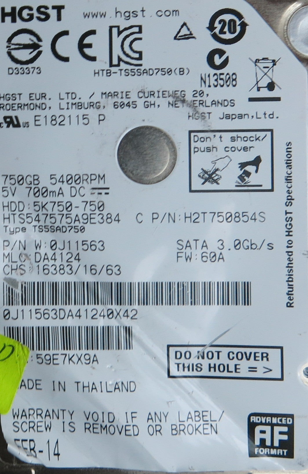 HTS547575A9E384, PN 0J11563, MLC  DA4124, 220 0A90269 01 PCB