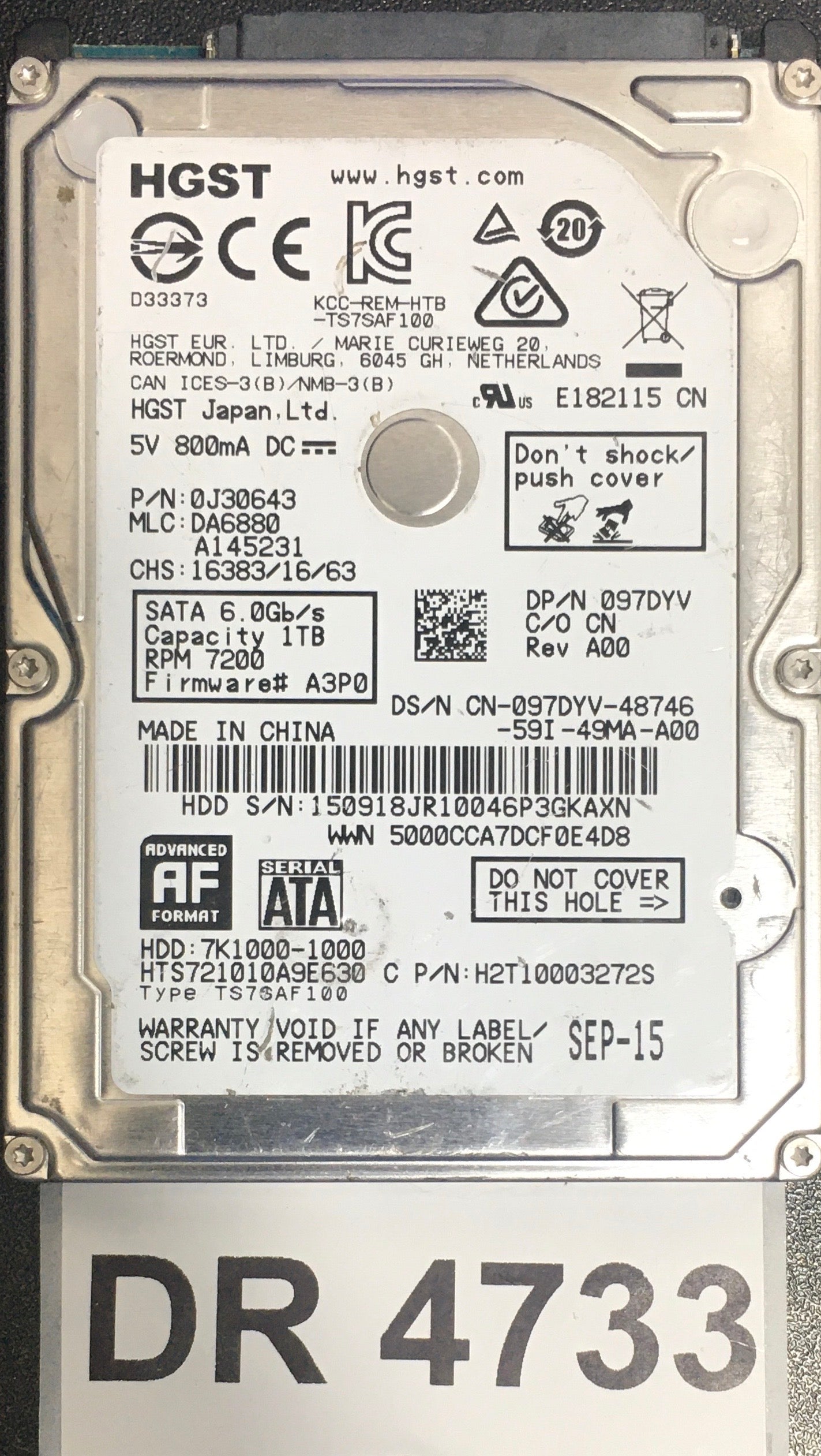 HTS721010A9E630,  Serial: 150918JR10046P3GKAXN,  1TB 2.5,  PCB : 220 0A90351 01,