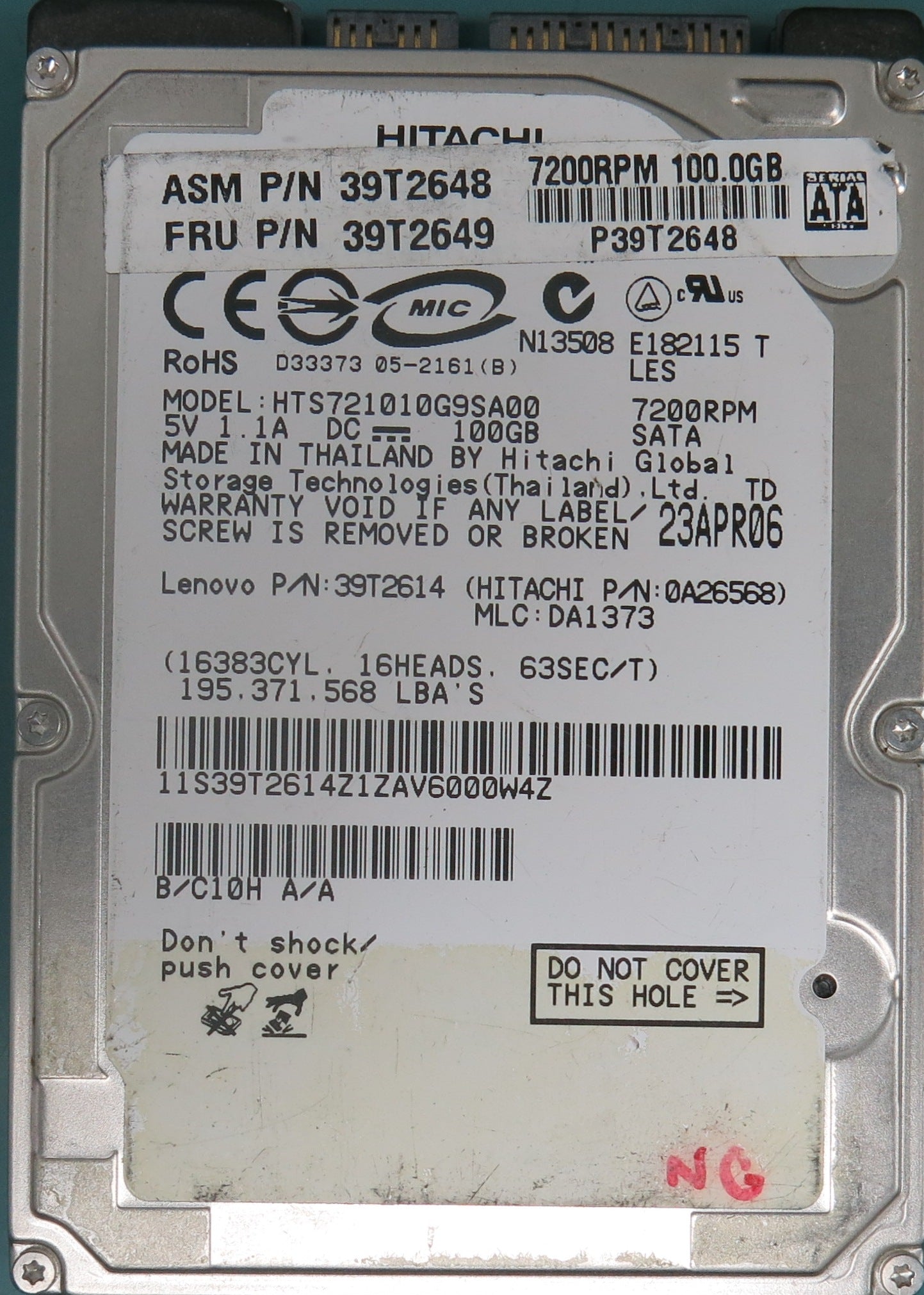 HTS721010G9SA00, P/N: 39T2614, MLC: DA1373, 100GB 2.5