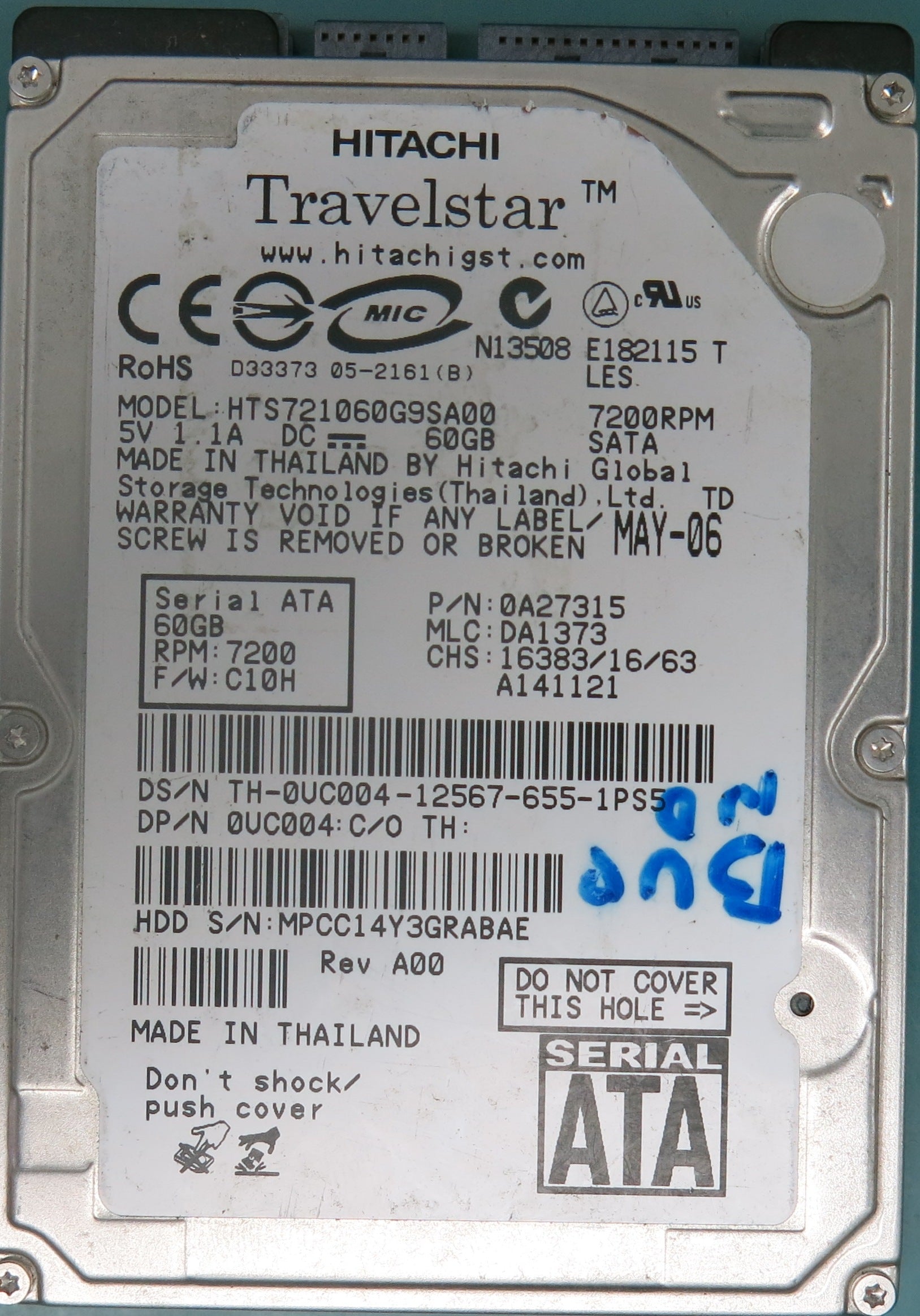 HTS721060G9SA00, P/N: 0A27315, MLC: DA1373, 60GB 2.5