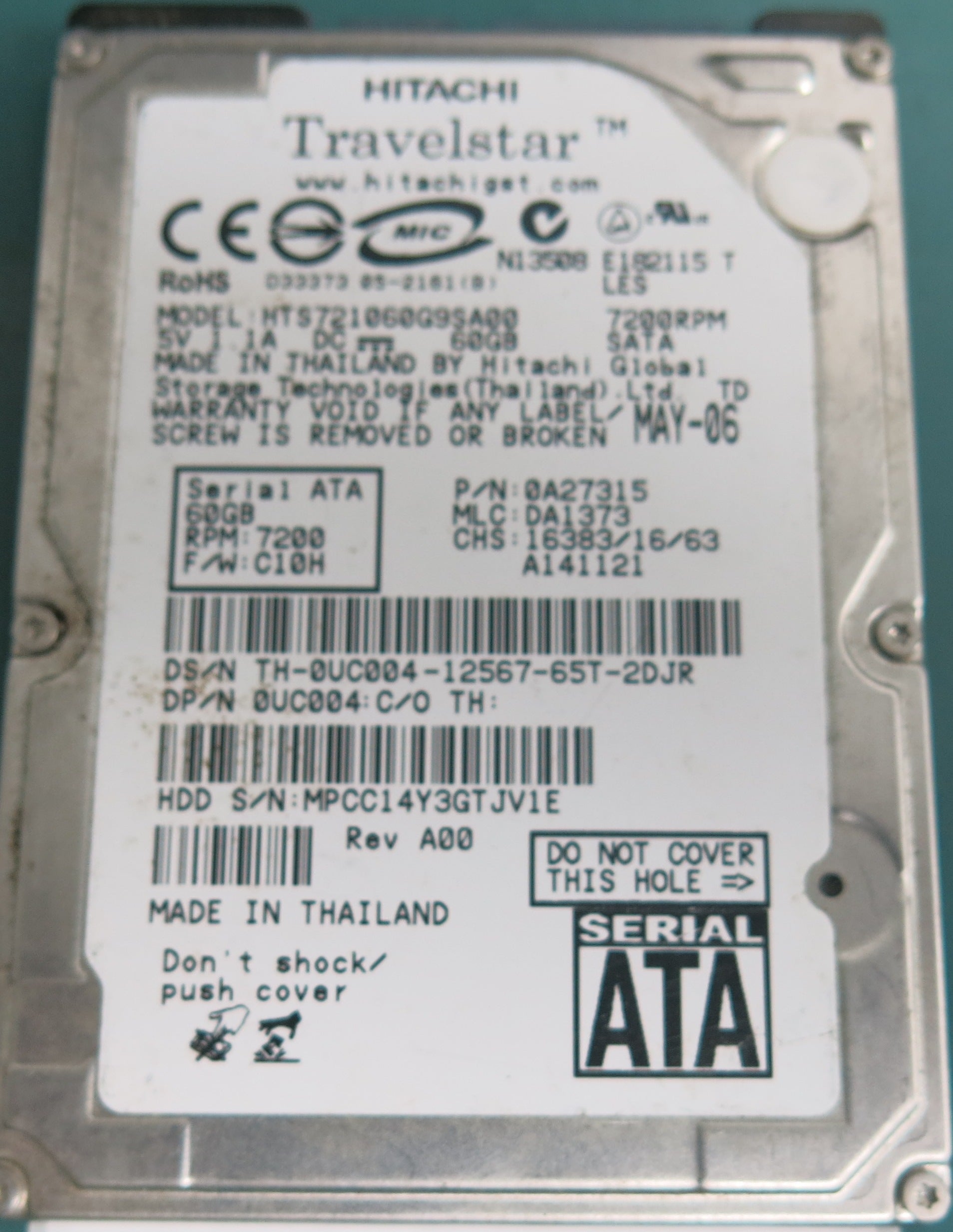 HTS721060G9SA00, P/N: 0A27315, MLC:  DA1373, 60GB 2.5