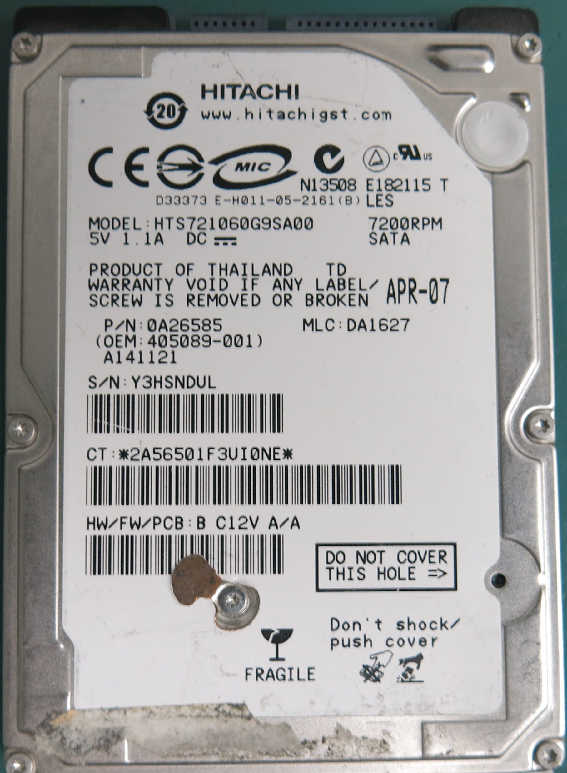 HTS721060G9SA00, Serial Number: Y3HSNDUL, P/N: 0A26585,  PCB: 320 0A26233 01