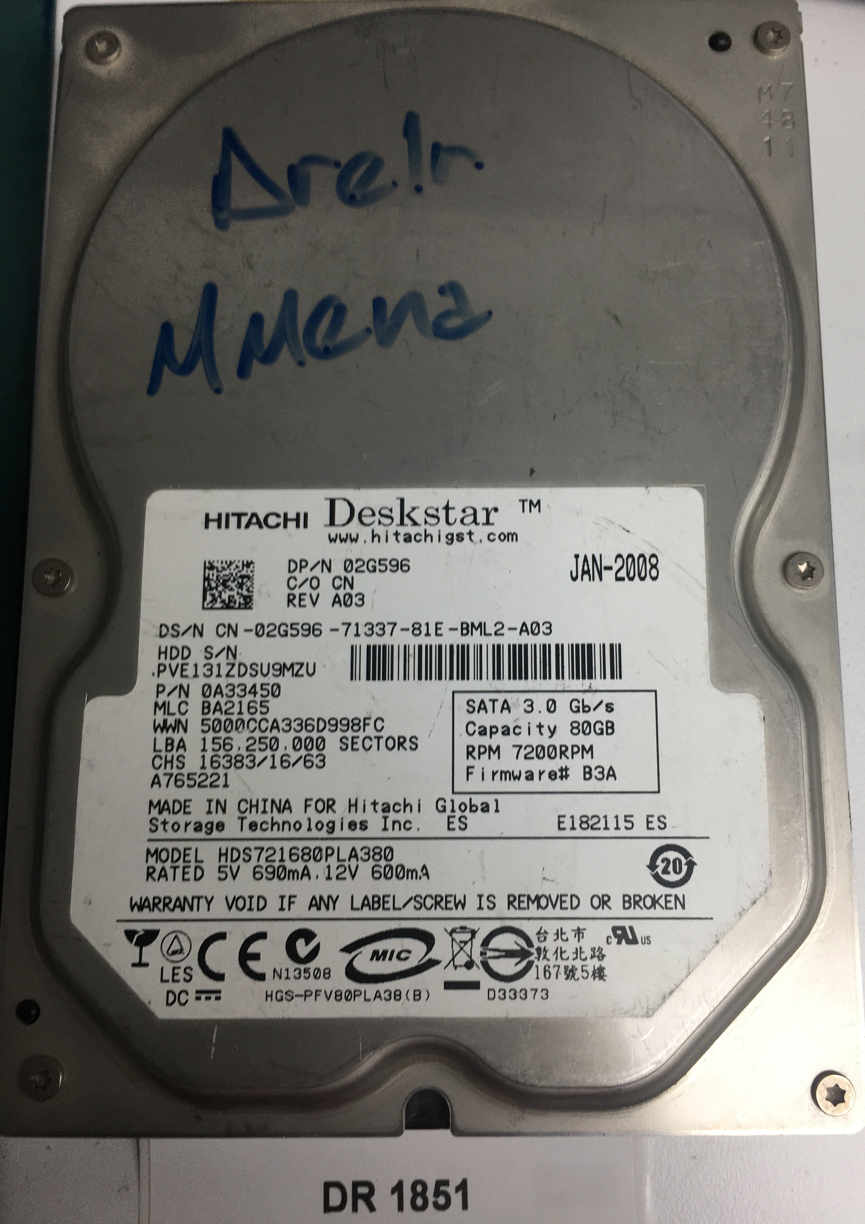 HTS721680PLA380, Serial Number: PVE131ZDSU9MZU, P/N: 0A33450, MLC: B2165, PCB: F 0A29531 01