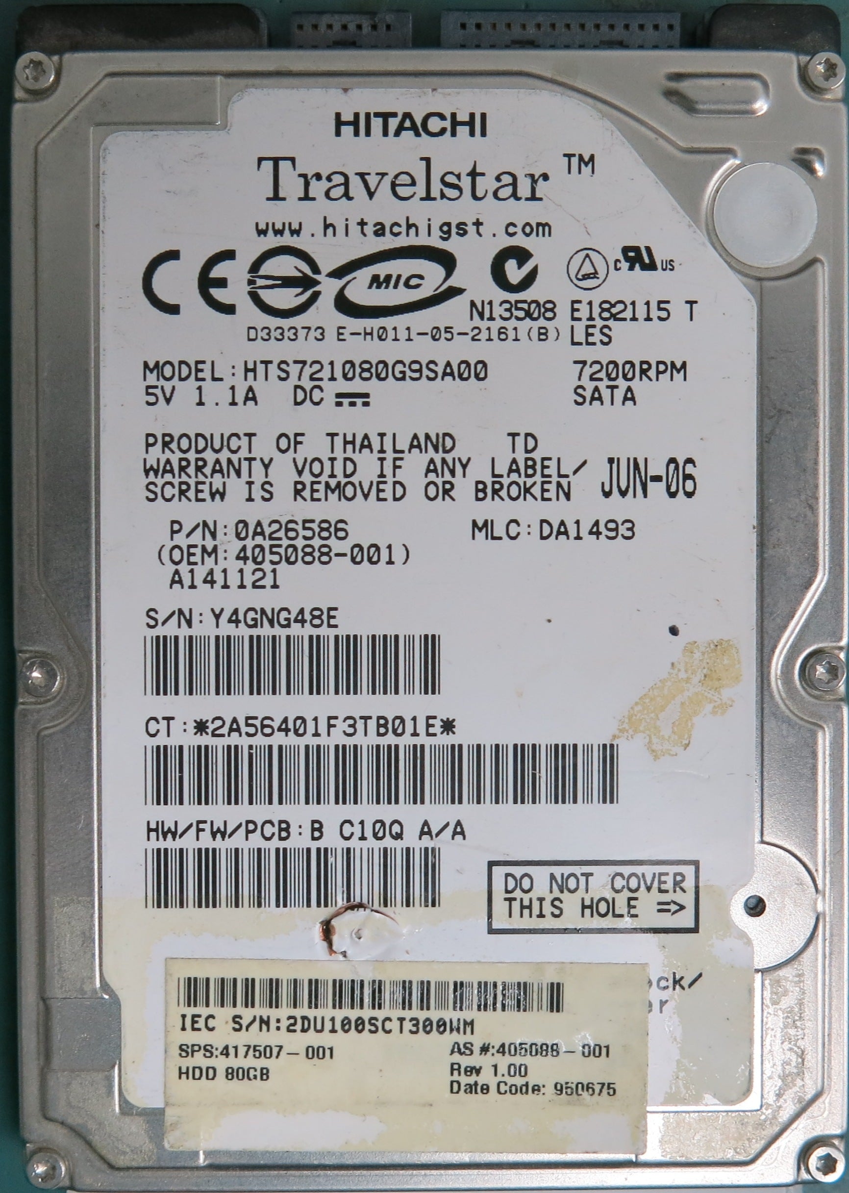HTS72180G9SA00, Serial Number: Y4GNG48E, P/N: 0A26586, MLC: DA1493