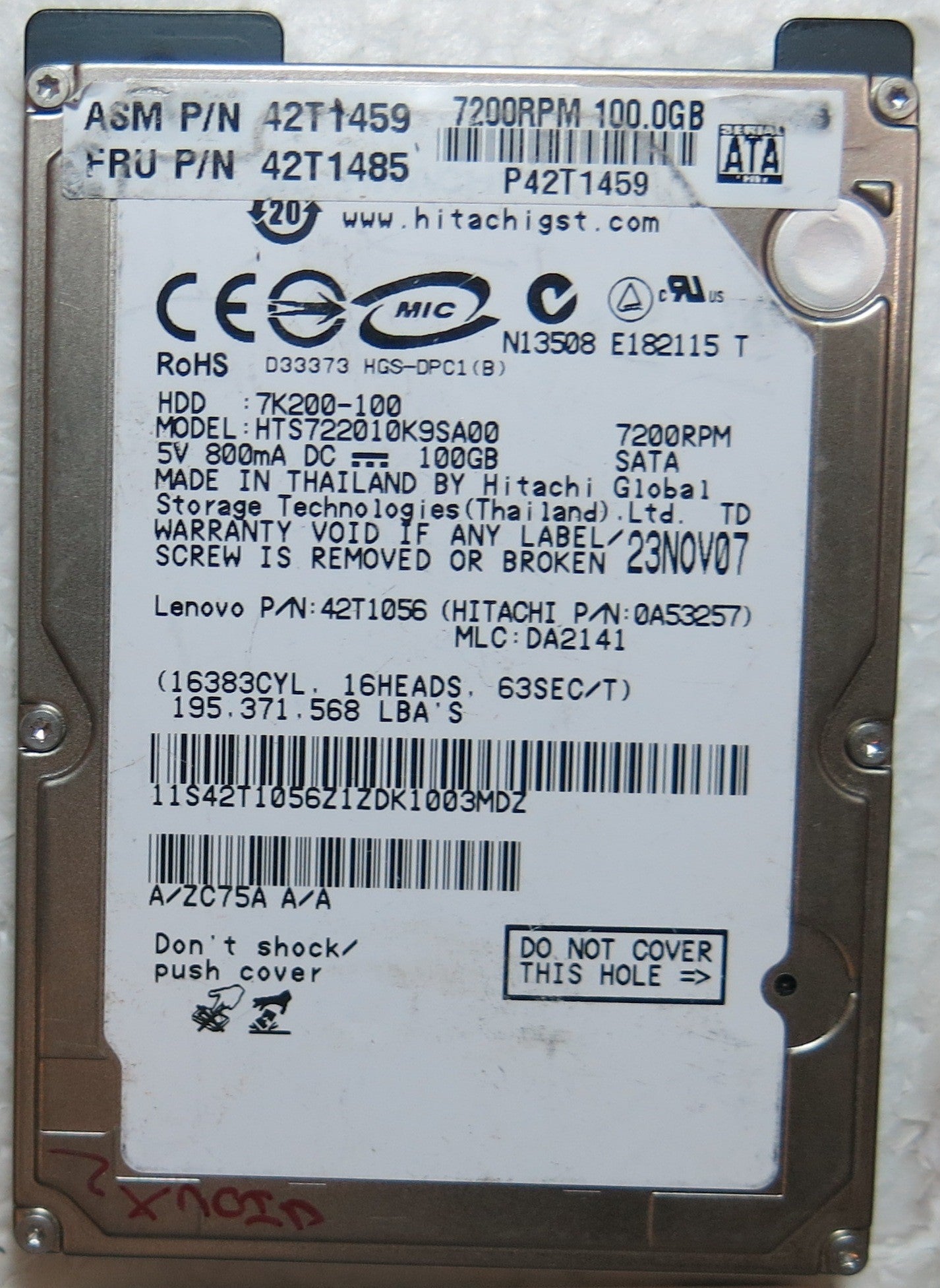 HTS722010K9SA00 PN 42T1056 MLC DA2141 220 0A90002 01 PCB