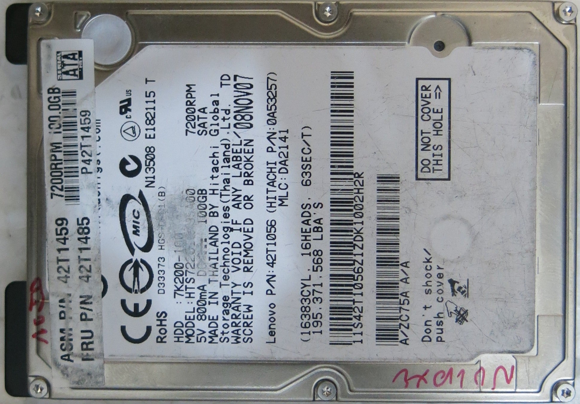 HTS722010K9SA00 PN 42T1056 MLC DA2141 220 0A90002 01 PCB