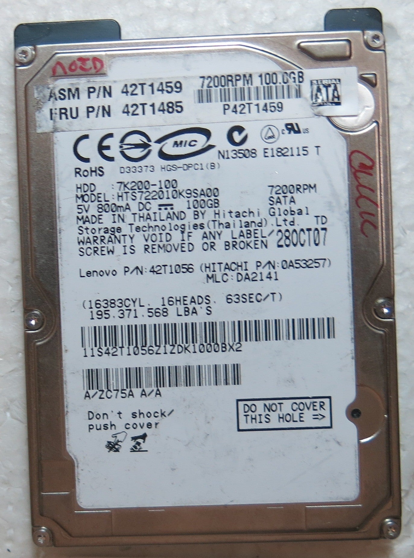 HTS722010K9SA00 PN 42T1056 MLC DA2141 220 0A90002 01 PCB