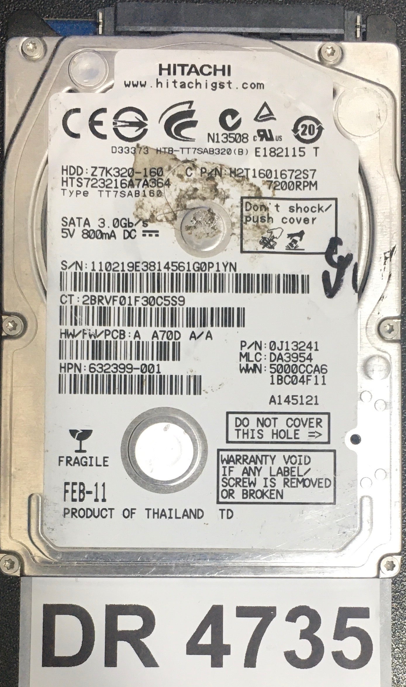 HTS723216A7A364,  Serial: 110219E3814561G0P1YN,  3GB 2.5,  PCB : 220 0A90269 01,