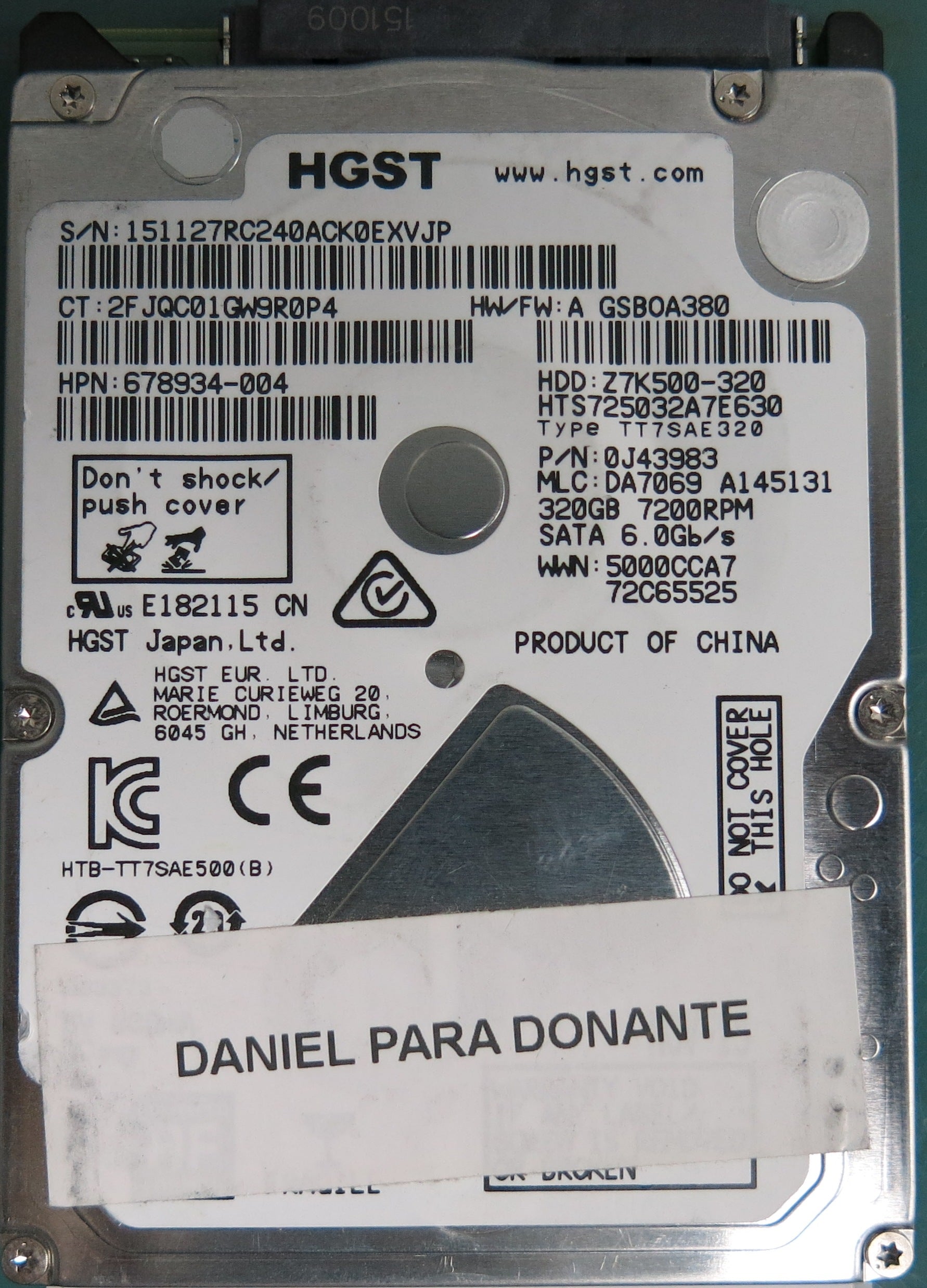 HTS725032A7E630, Serial Number: 151127RC240ACK0EXVJP, P/N: 0J43983, MLC: DA7069 A145131, 350GB 2.5