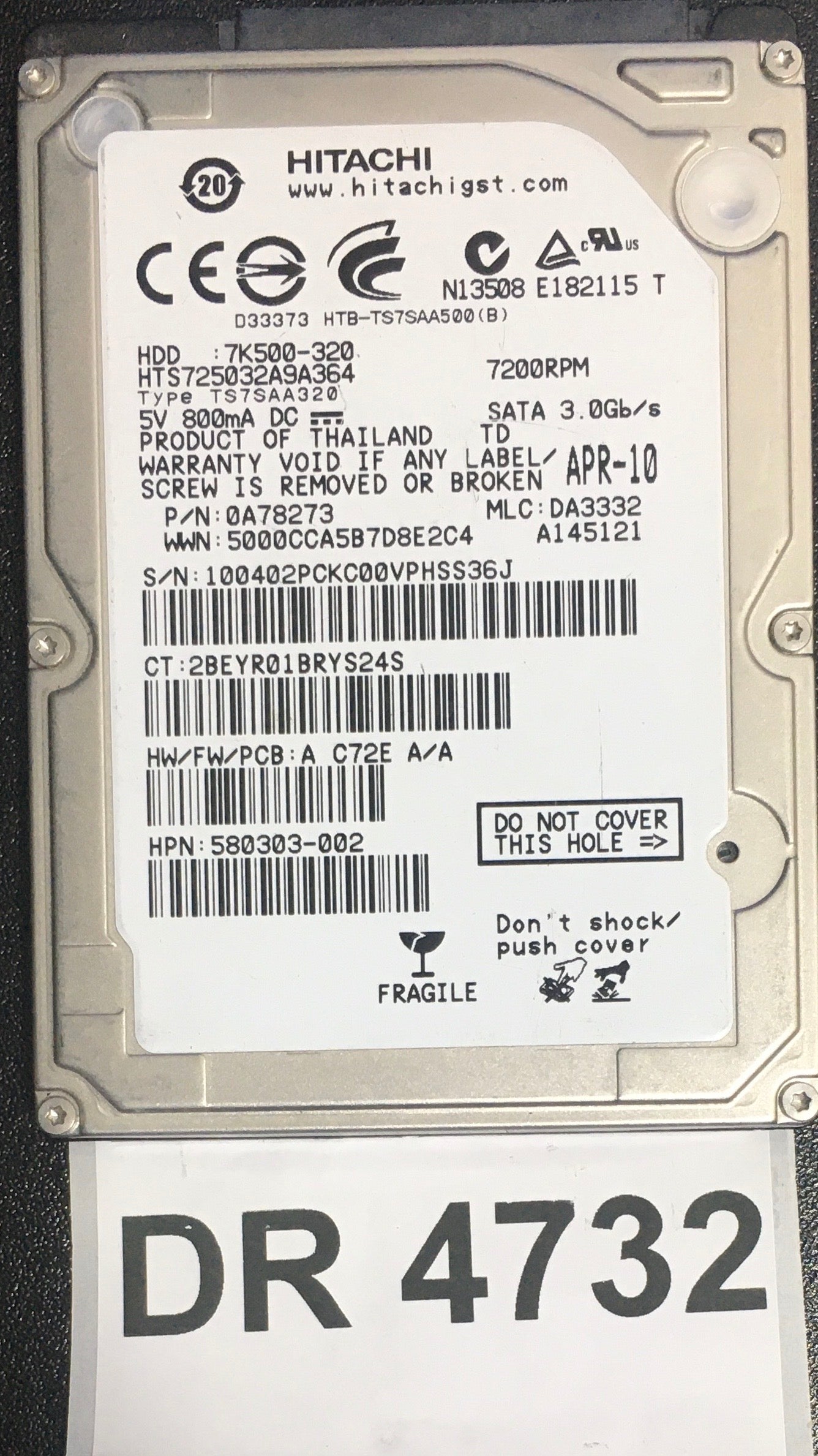 HTS725032A9A364,  Serial: 100412PCKC00VPHSS36J,  3GB 2.5,  PCB : 220 0A90161 01,