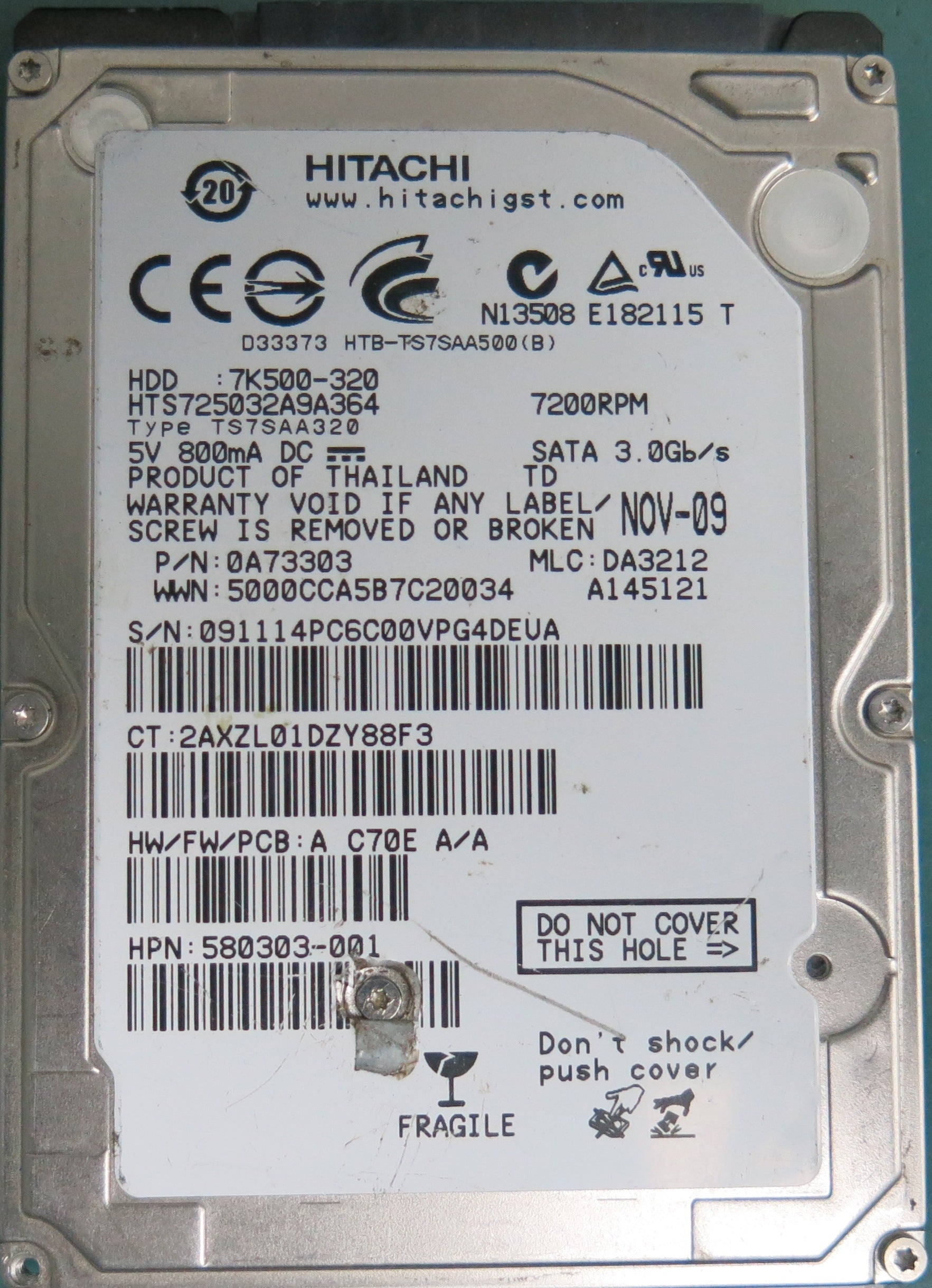 HTS725032A9A364 Serial Number: 580303-001, P/N: 0A73303, MLC: DA3212, 320GB 2.5