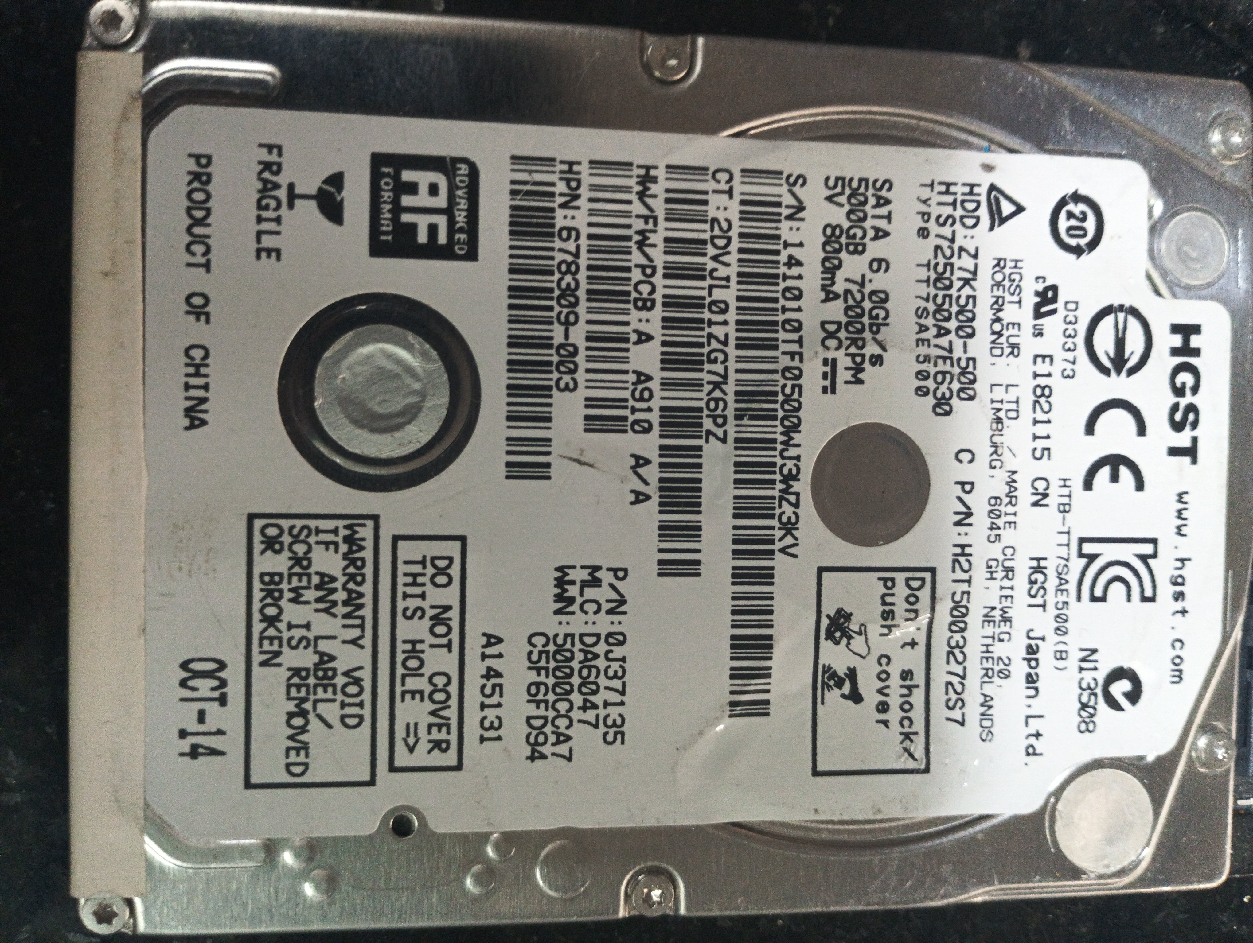 HTS725050A7E630,  MLC:DA6047,  Serial: 141010TF0500WJ3WZ3KV,  500GB 2.5,  PCB :220 0A90351 01,