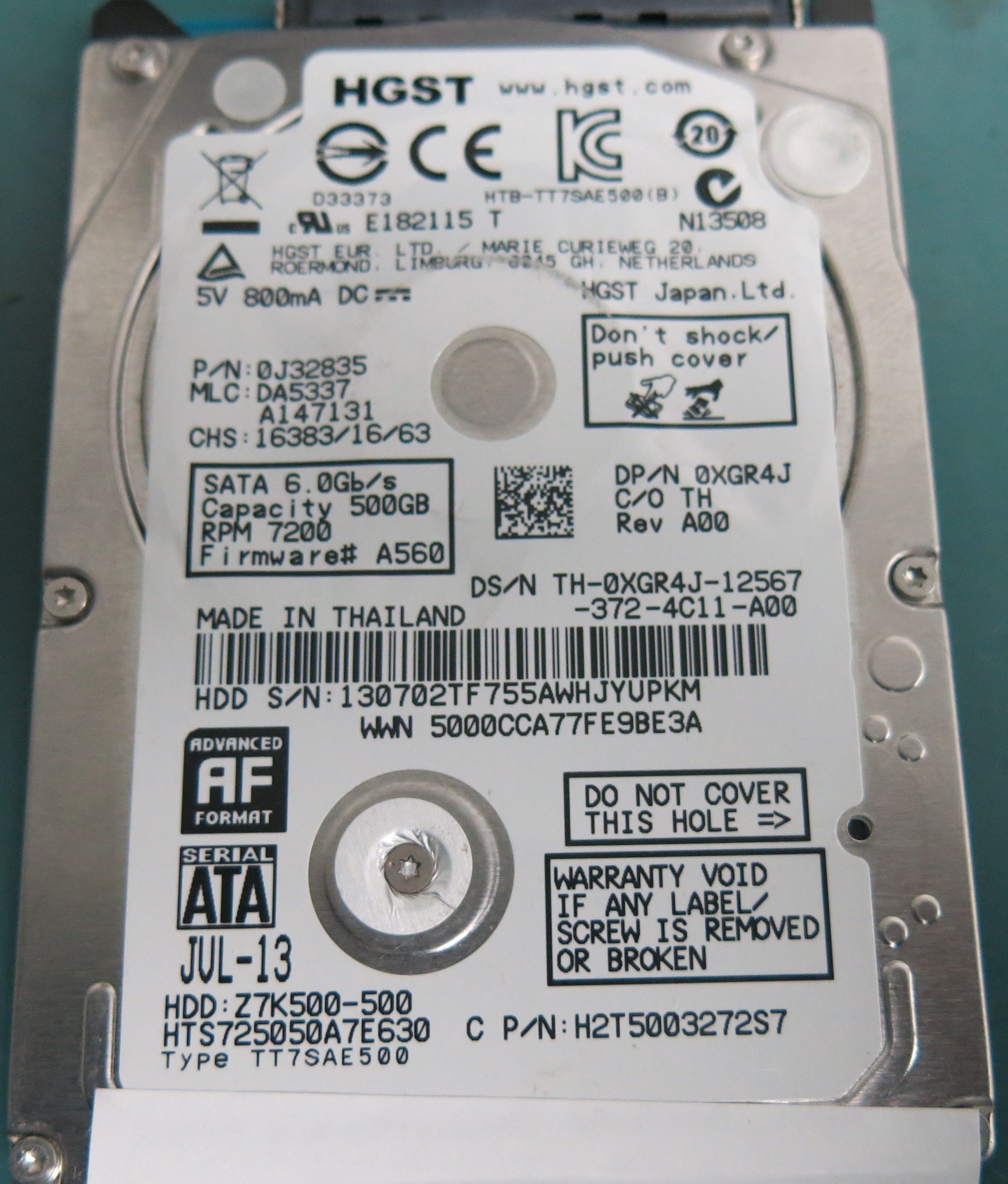 HTS725050A7E630, P/N: 0J32835, MLC: DA5337, 500GB 2.5