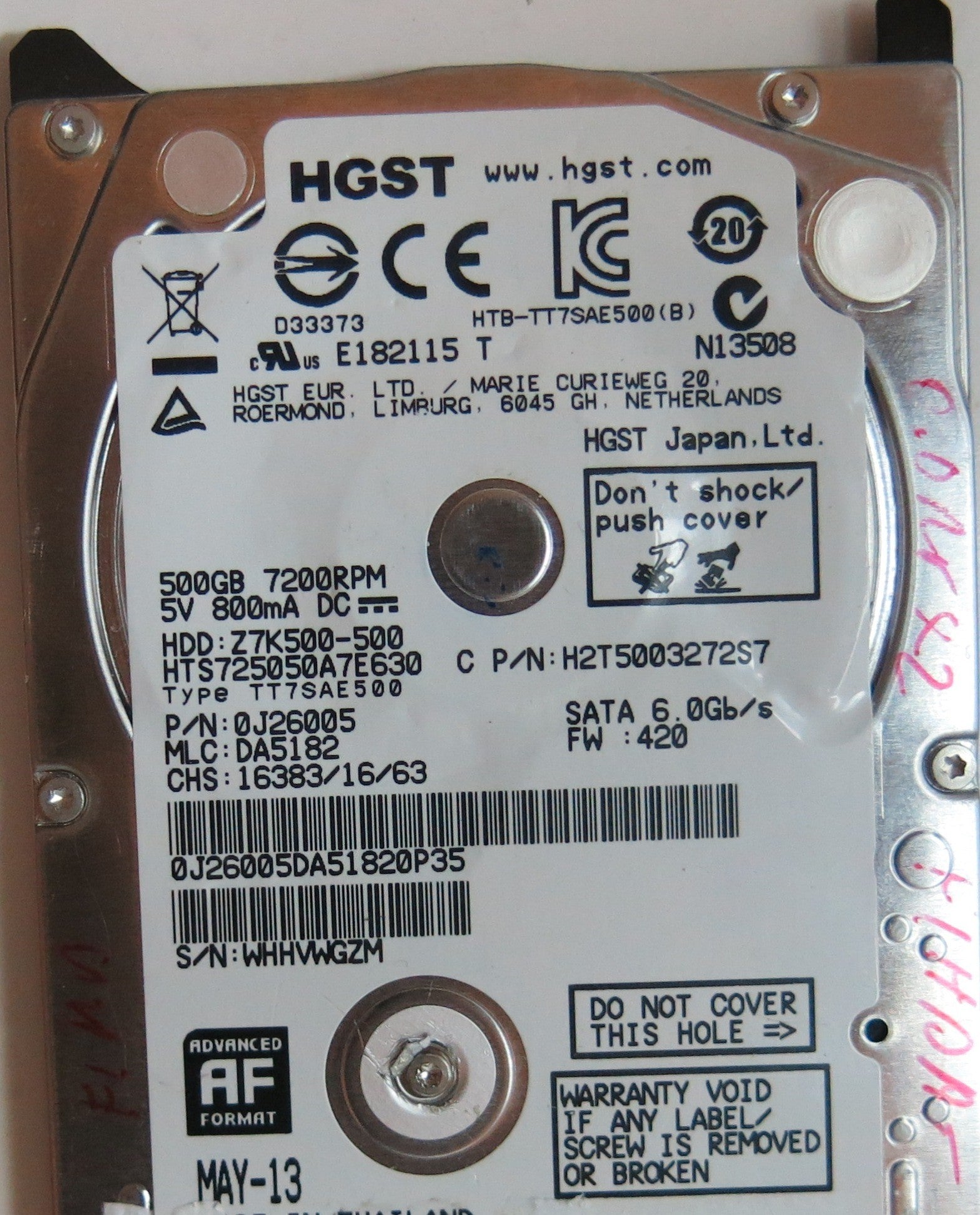 HTS725050A7E630 PN 0J26005 MLC DA5182 220 0A90351 01 PCB