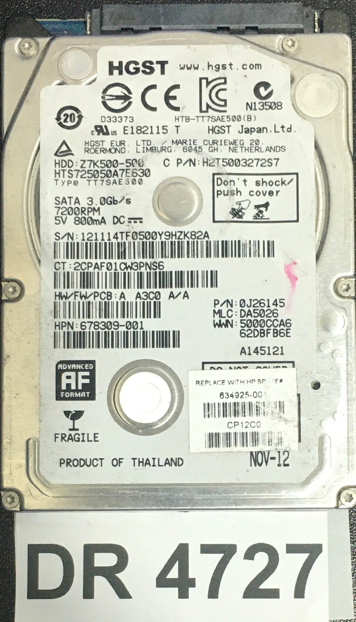 HTS725050A7E630,  Serial: 121114TF0500Y9HZK82A,  3GB 2.5,  PCB : 220 0A90351 01,