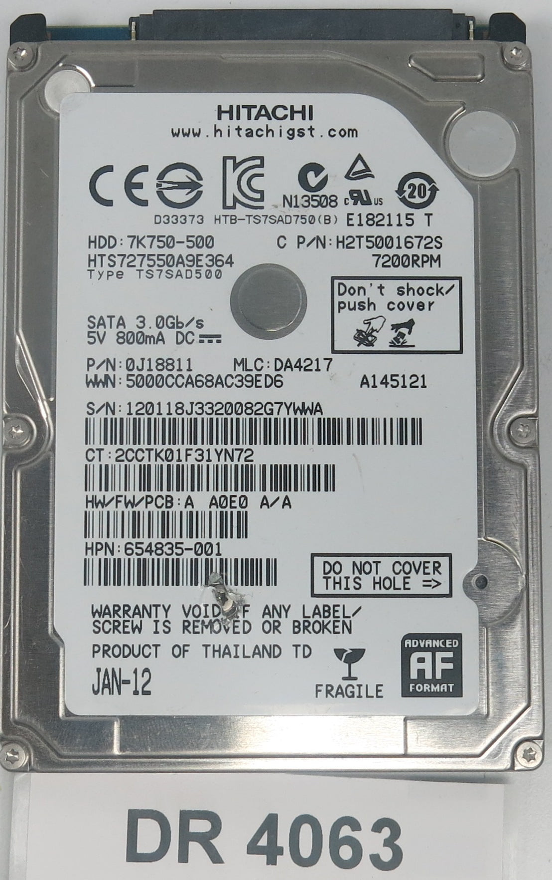 HTS727550A9E364, Serial Number: 120118J3320082G7YWWA, P/N: 0J18811, MLC: DA4217, PCB: 220 0A90269 01