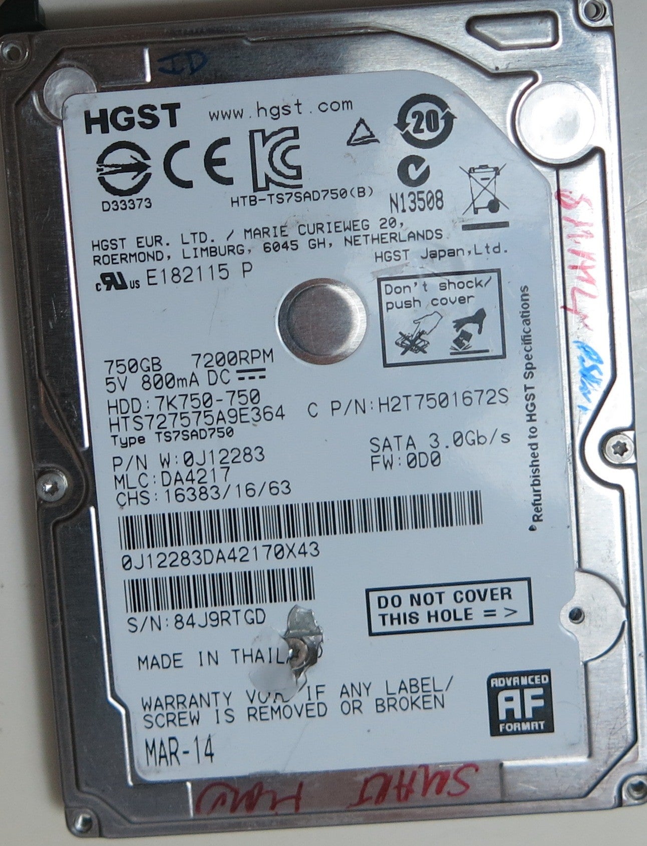 HTS727575A9E364, PN 0J12283, MLC  DA4217, 220 0A90269 01 PCB