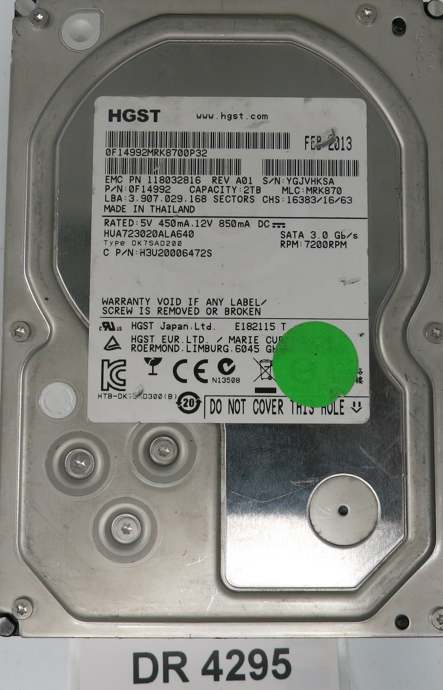 HU723020ALA640, Serial Number: YGJVHKSA, P/N: 0F14992, MLC: MRK870, 2TB 3.5, PCB: 220 0A90284 01