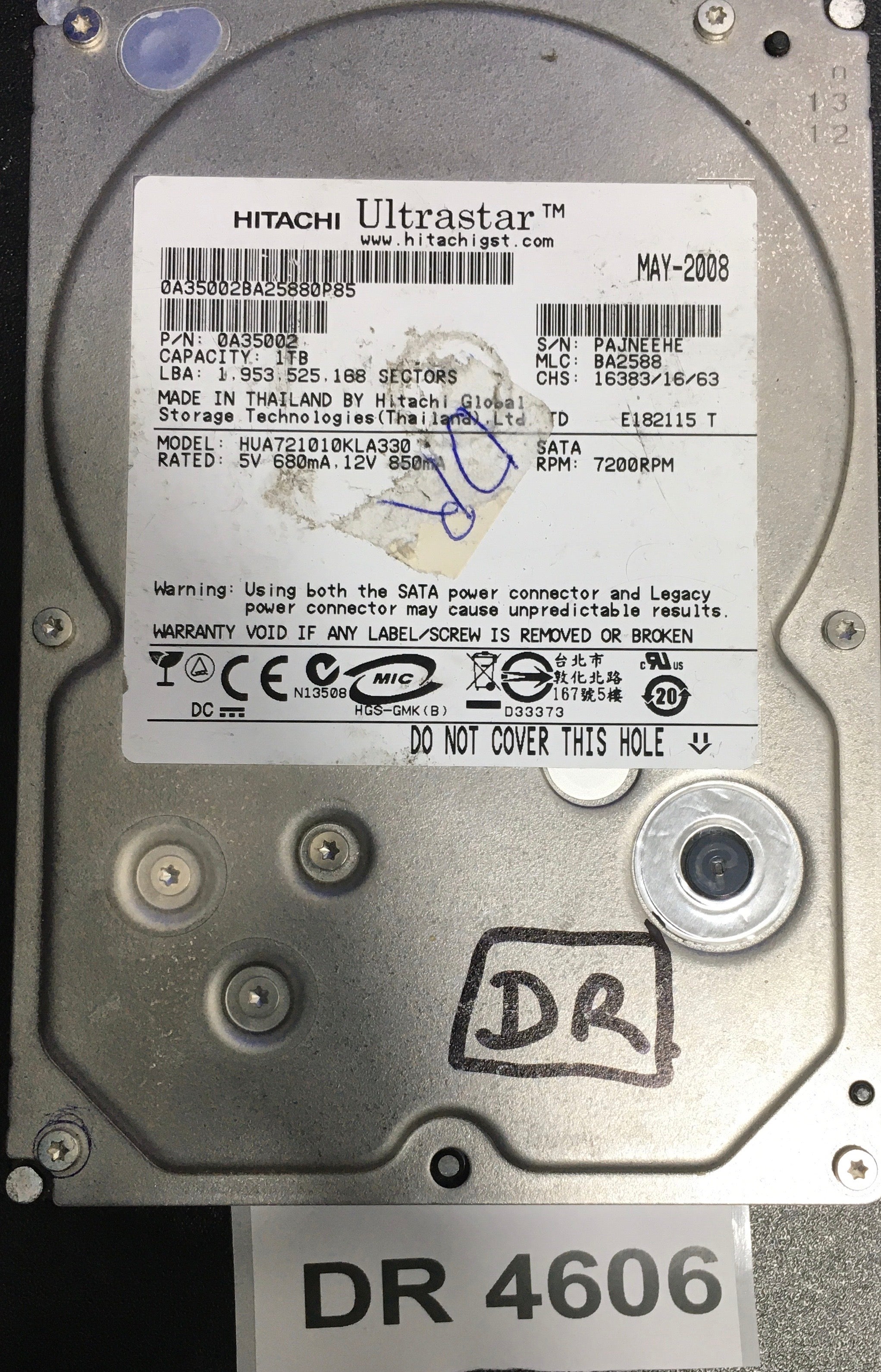 HUA7210100KLA330,  P/N: 0A35002,  MLC: BA2588,  Serial: PAJNEEHE,  1000GB 3.5  PCB :110 0A29636 01- REV A