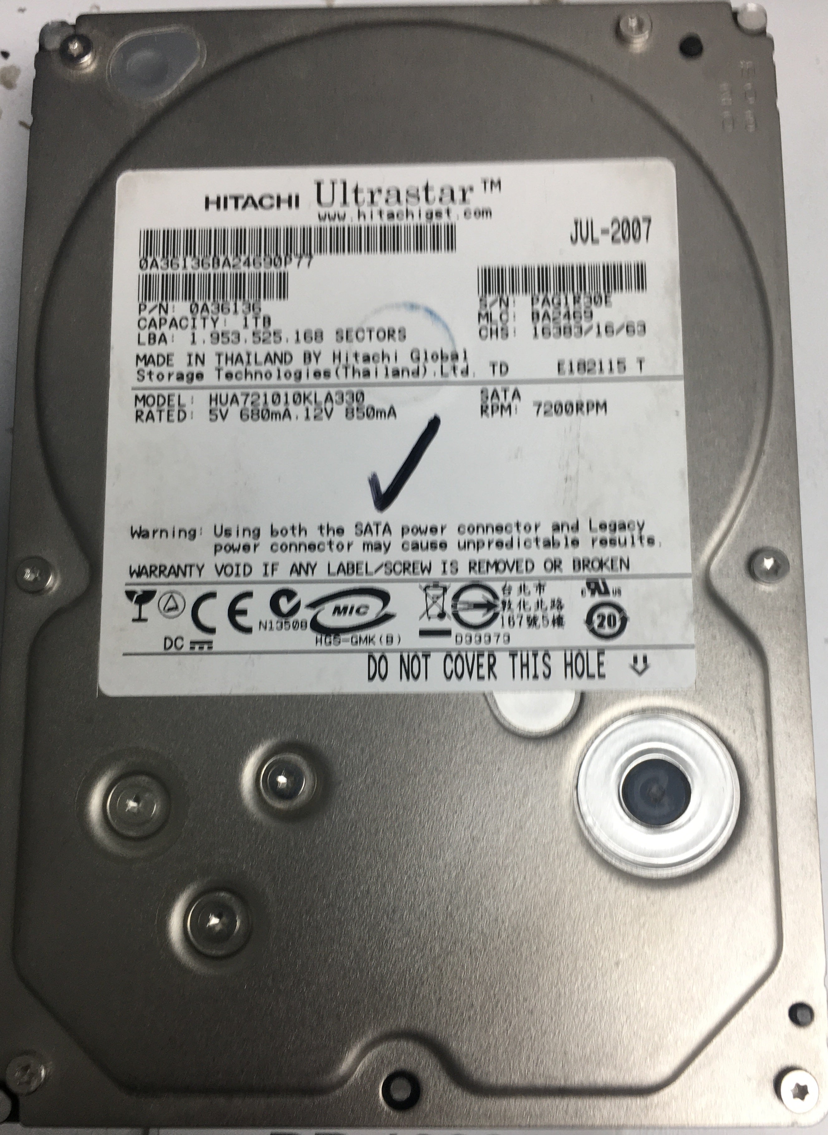 HUA721010KLA330, 1TB 3.5, PCB: 110 0A29636 01,SERIAL:PAG1R30E