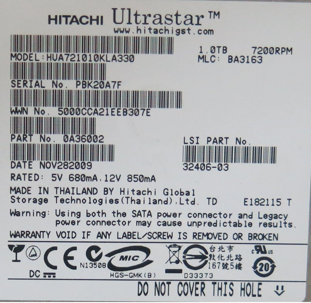 HUA721010KLA330 MLC  NOV282009 110 0A29636 01 PCB