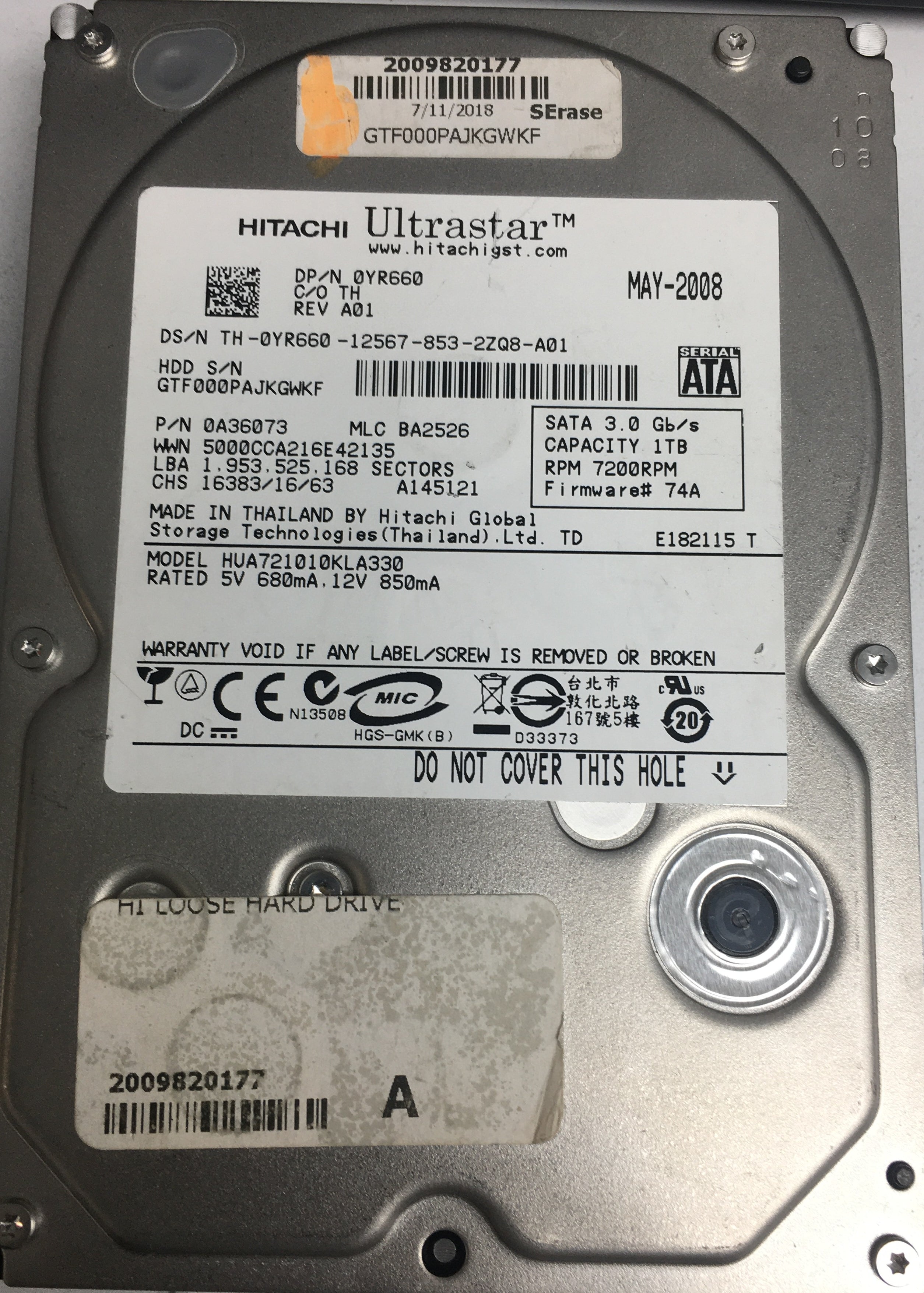 HUA721010KLA330, P/N:0A36073, MLC: BA2526, PCB: 110 0A29636 01
