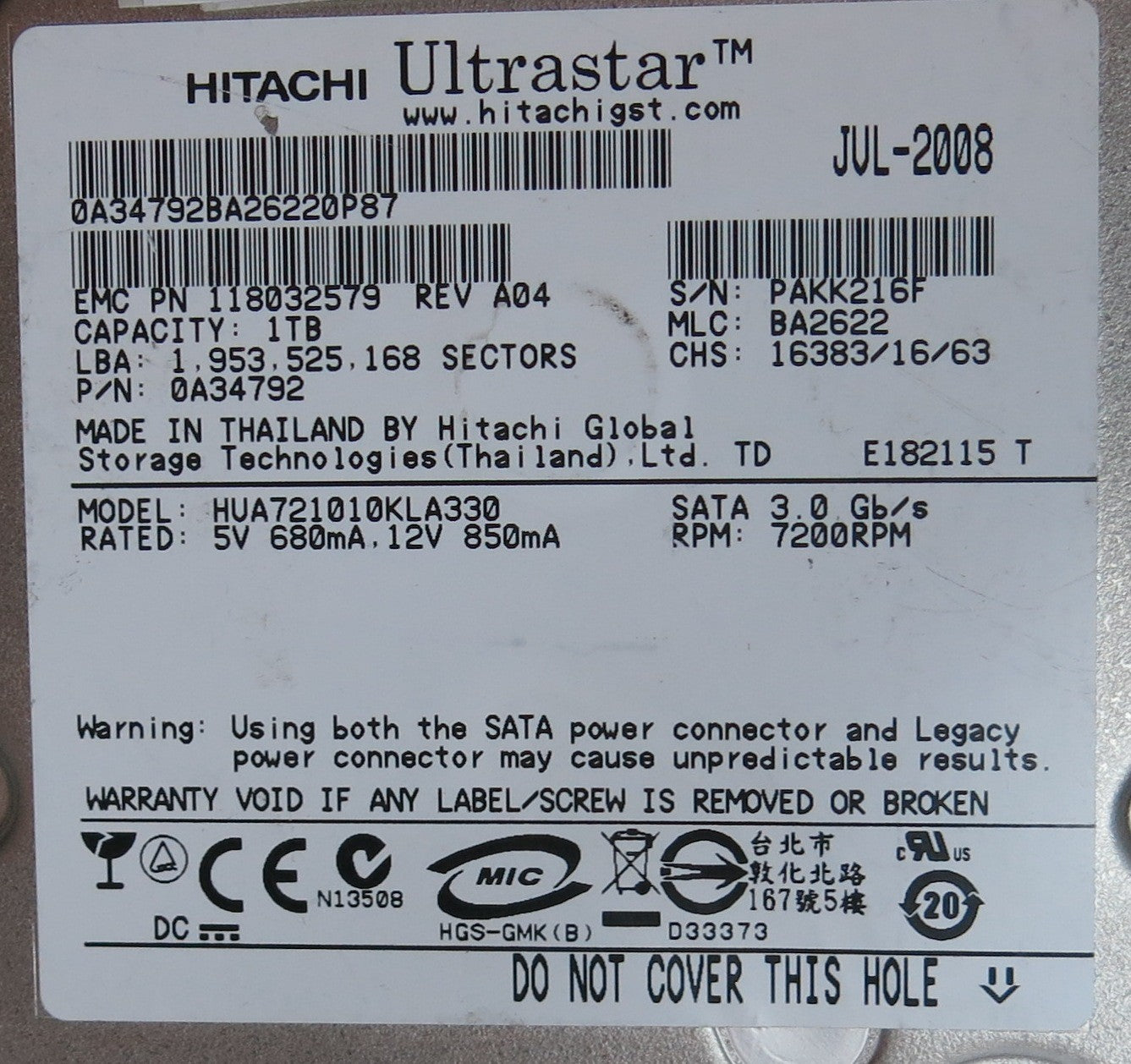 HUA721010KLA330, PN 0A34792, MLC  BA2622, 110 0A29636 01 PCB