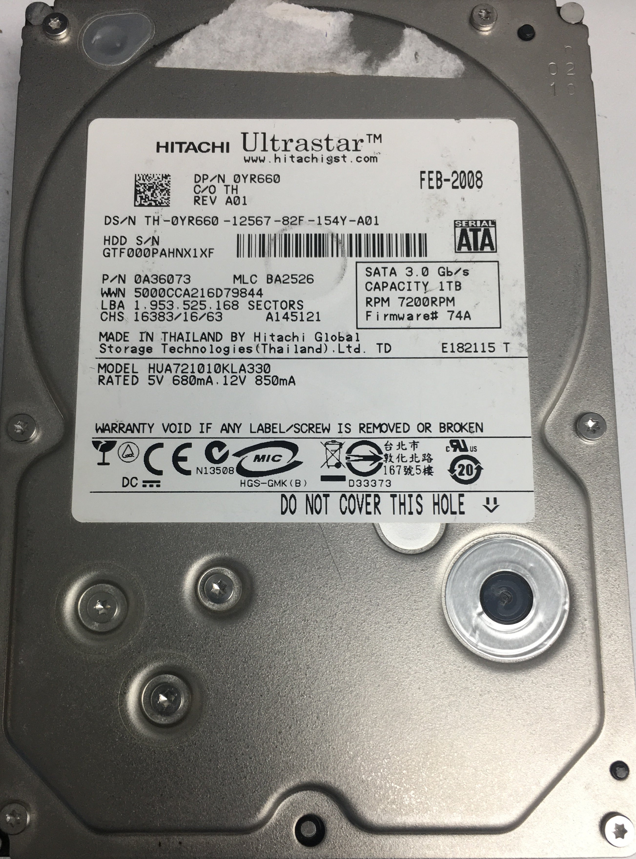 HUA721010KLA330, Serial Number: GTF000PAHNX1XF, P/N: 0A36073, MLC: BA2526, 1TB 3.5, PCB: 110 0A29636 01