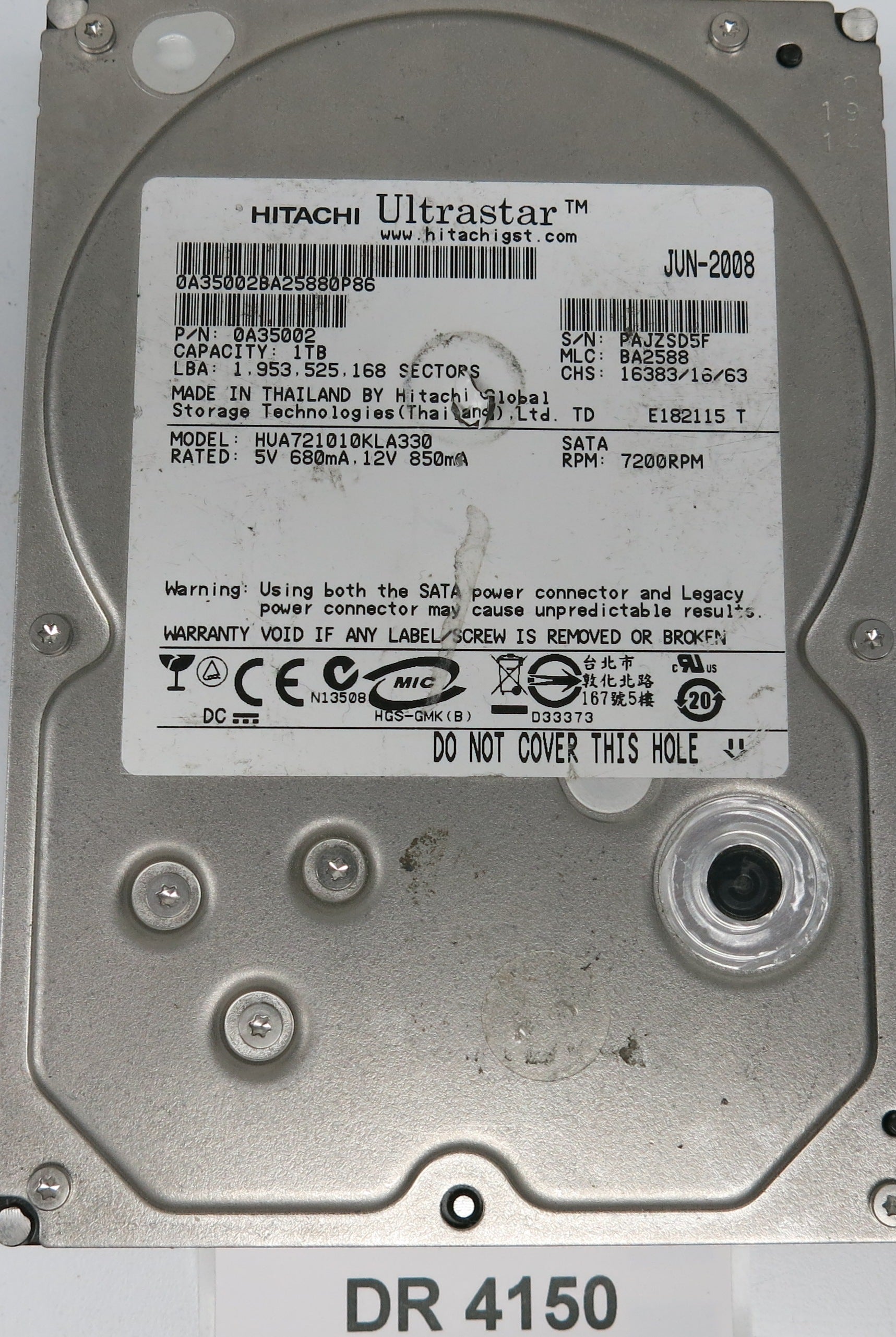 HUA721010KLA330, Serial Number: PAJZSD5F, P/N: 0A35002, MLC: BA2588, 1TB 3.5, PCB: 110 0A29636 01