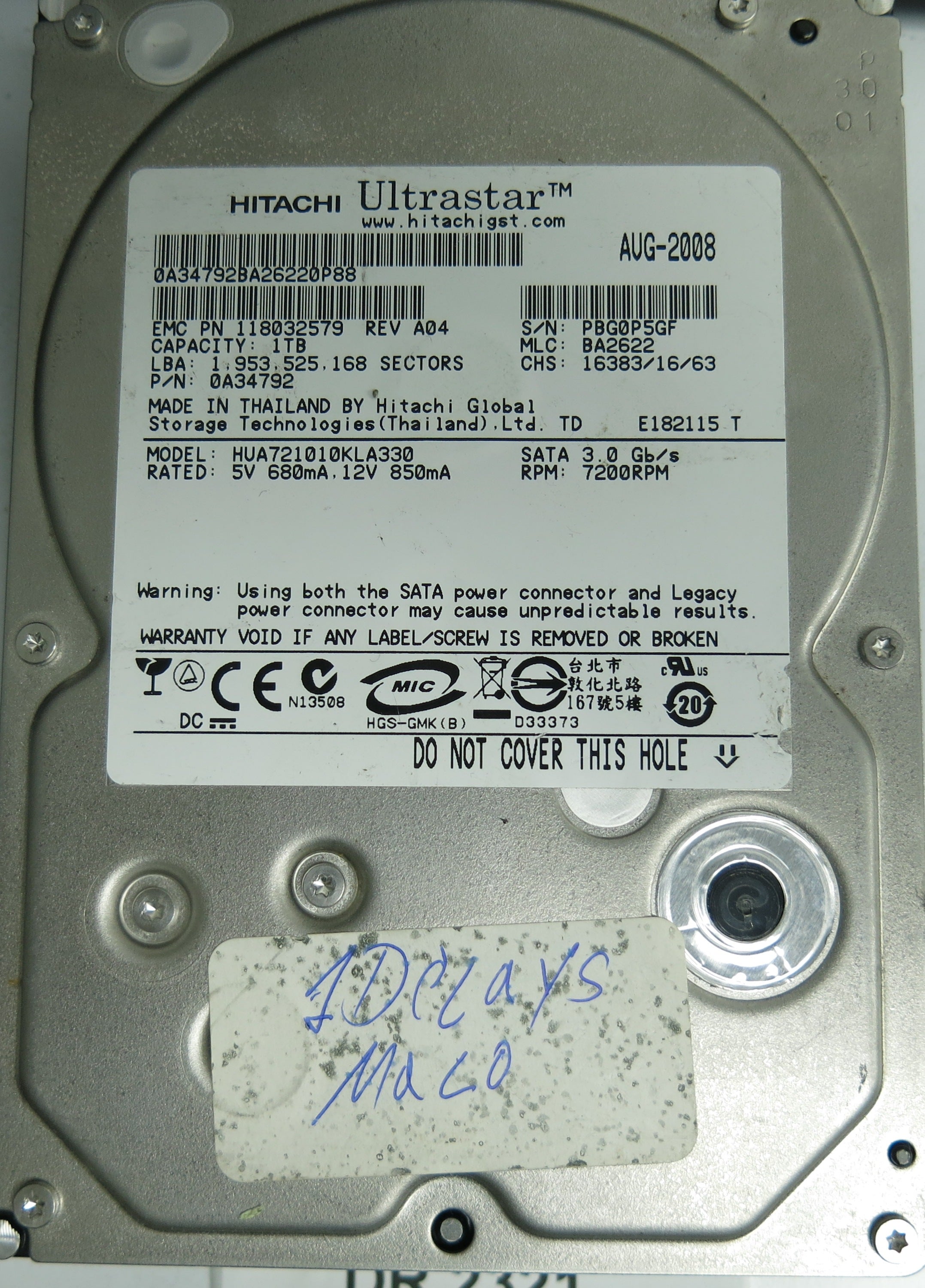 HUA721010KLA330, Serial Number: PBG0P5GF, P/N: 0A34792, MLC: BA2622, 1TB 3.5, PCB: 110 0A29636 01