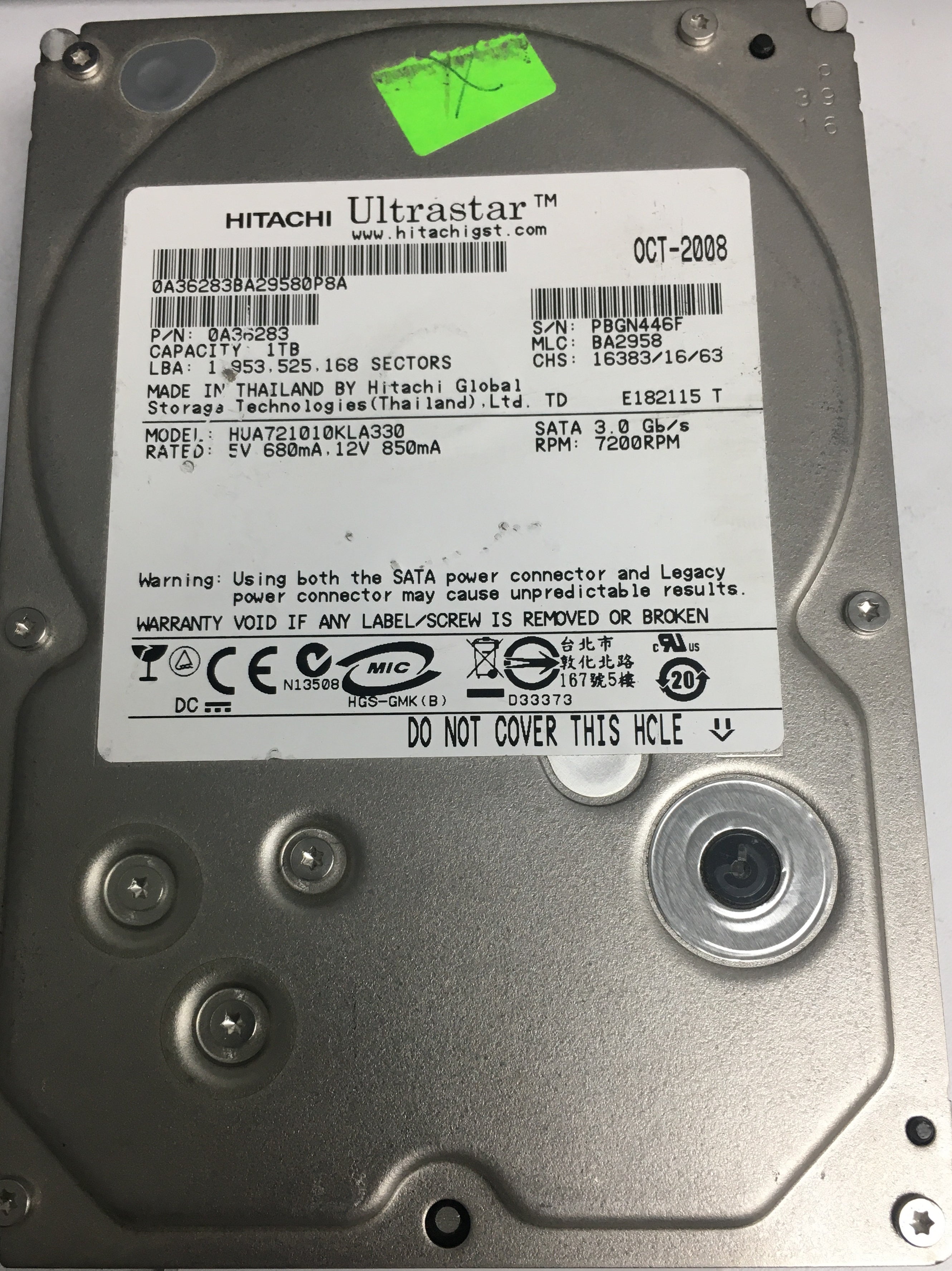 HUA721010KLA330, Serial Number: PBGN446F, P/N: 0A36283, MLC: BA2958, 1TB 3.5, PCB: 110 0A29636 01