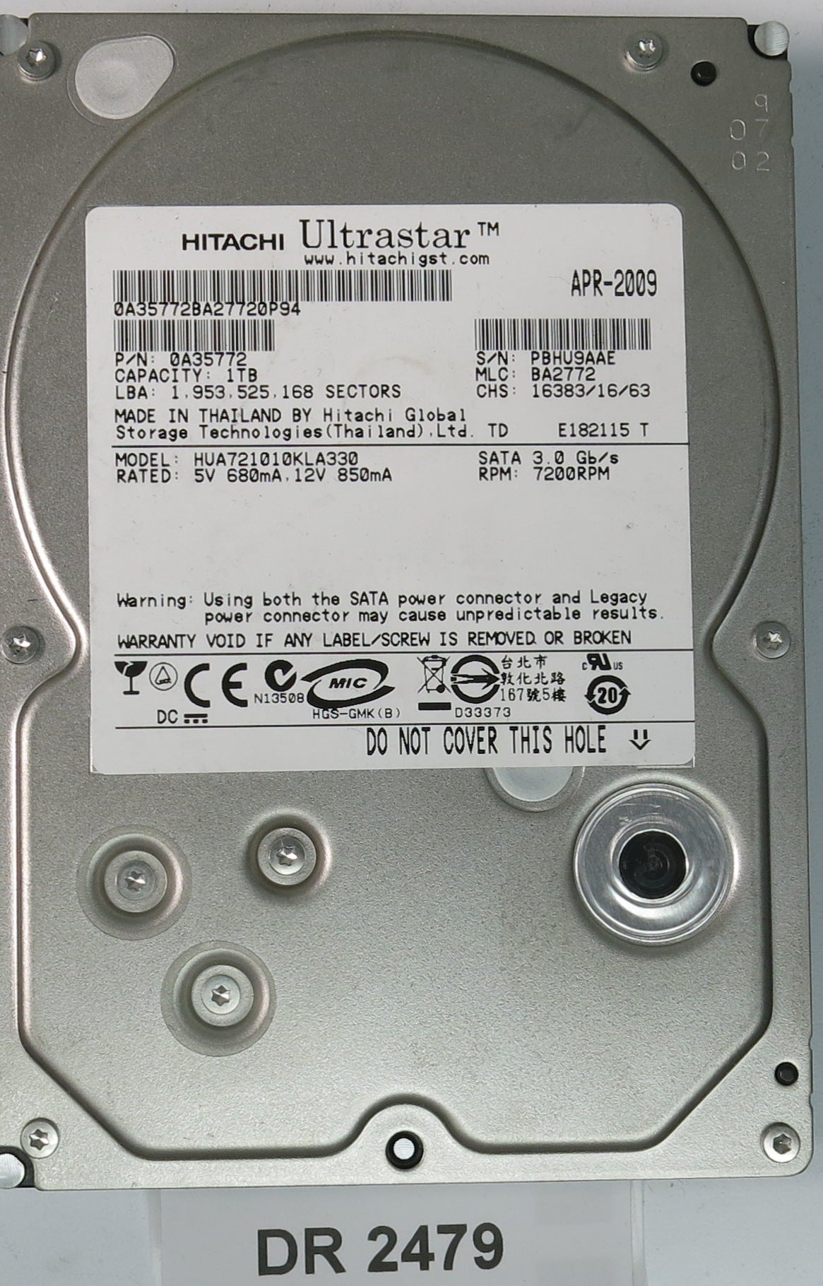 HUA721010KLA330, Serial Number: PBHU9AAE, P/N:0A35772, MLC: BA2772, 1TB 3.5, PCB: 110 0A29036 01