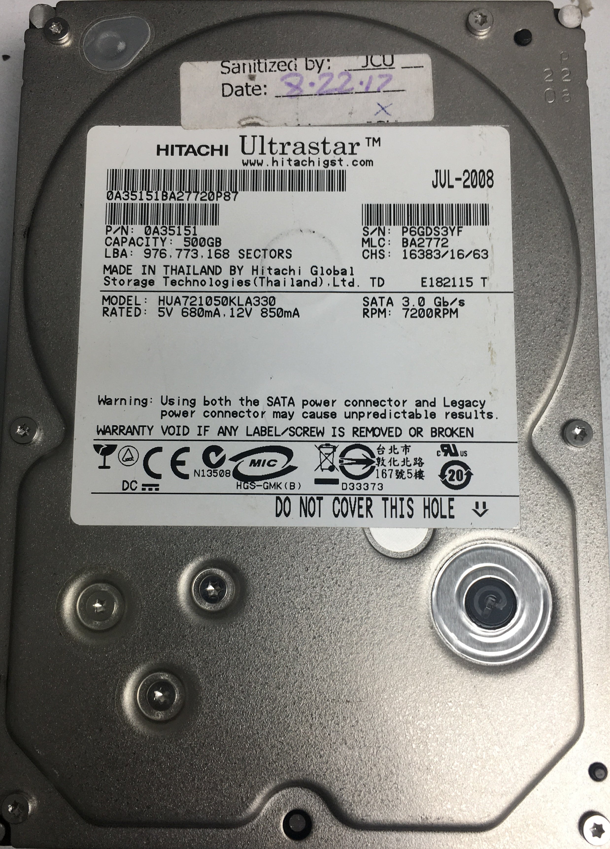 HUA721050KLA330, Serial Number: P6GDS3YF, P/N: 0A35151, MLC: BA2772, 500GB 3.5, PCB: 110 0A29636 01