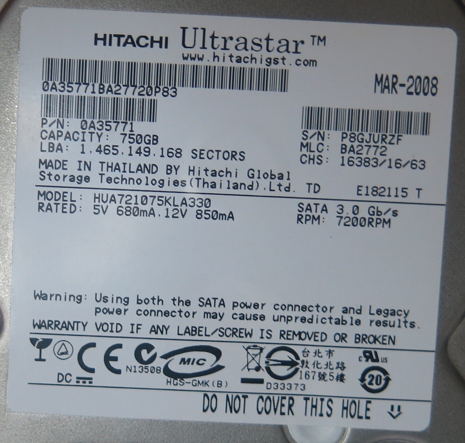 HUA721075KLA330, MLC  BA2772, 110 0A29636 01 PCB