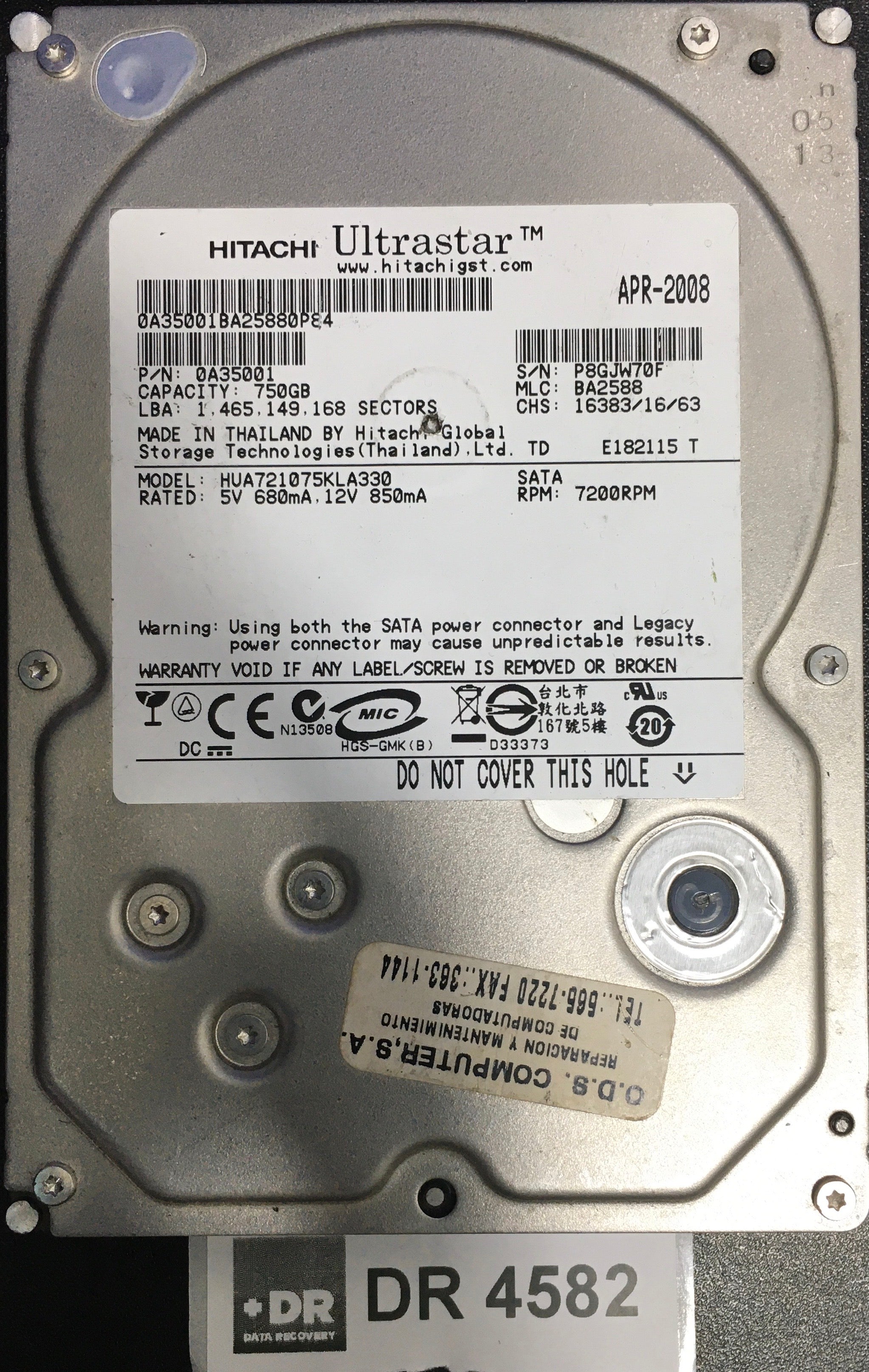 HUA721075KLA330,  P/N: 0A35001,  MLC: BA2588,  Serial: P8GJW70F,  750GB 3.5  PCB :110 0A29636 01