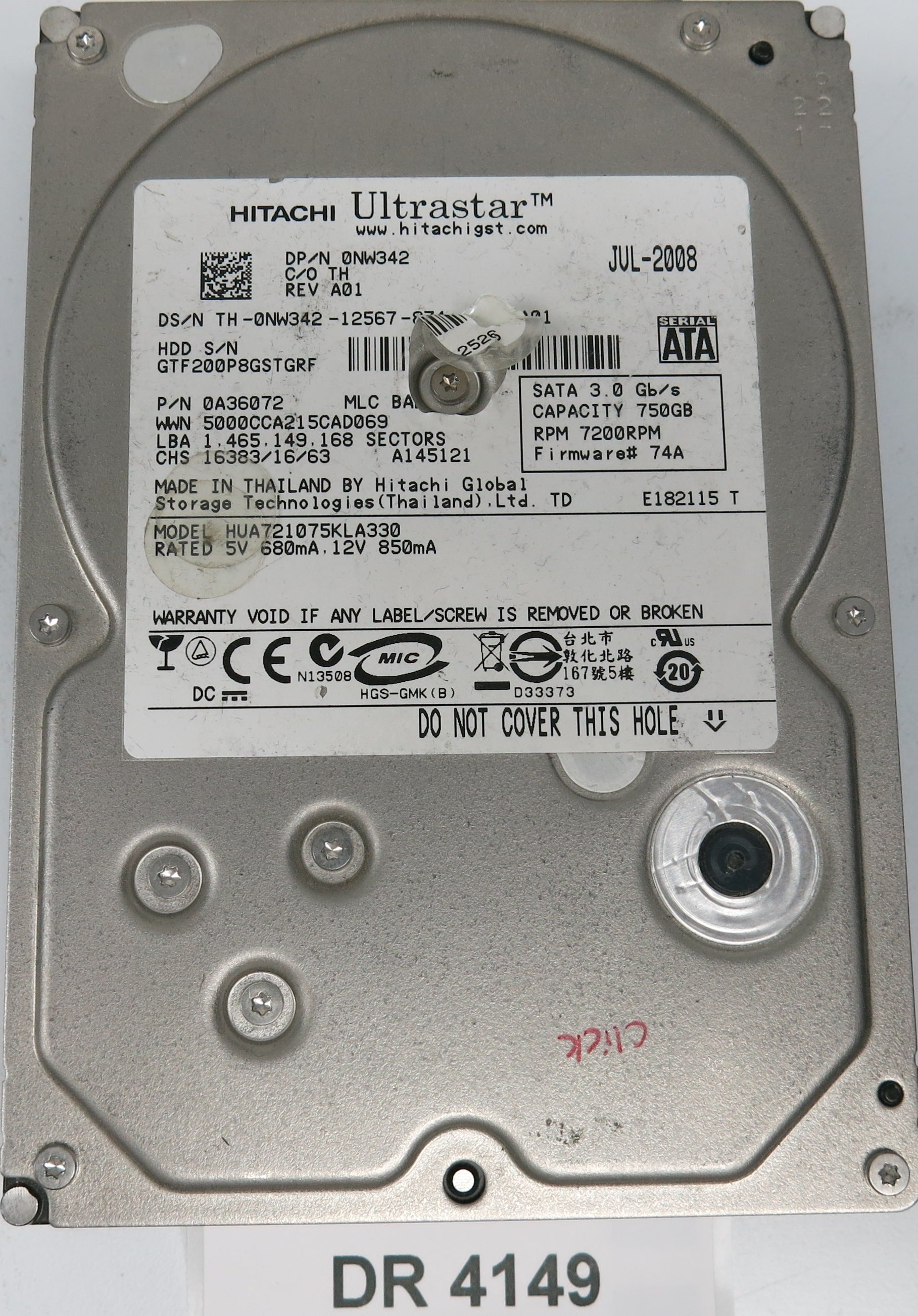 HUA721075KLA330, Serial Number: GTF200P8GSTGRF, P/N: 0A36072, 750GB 3.5, PCB: 110 0A29636 01