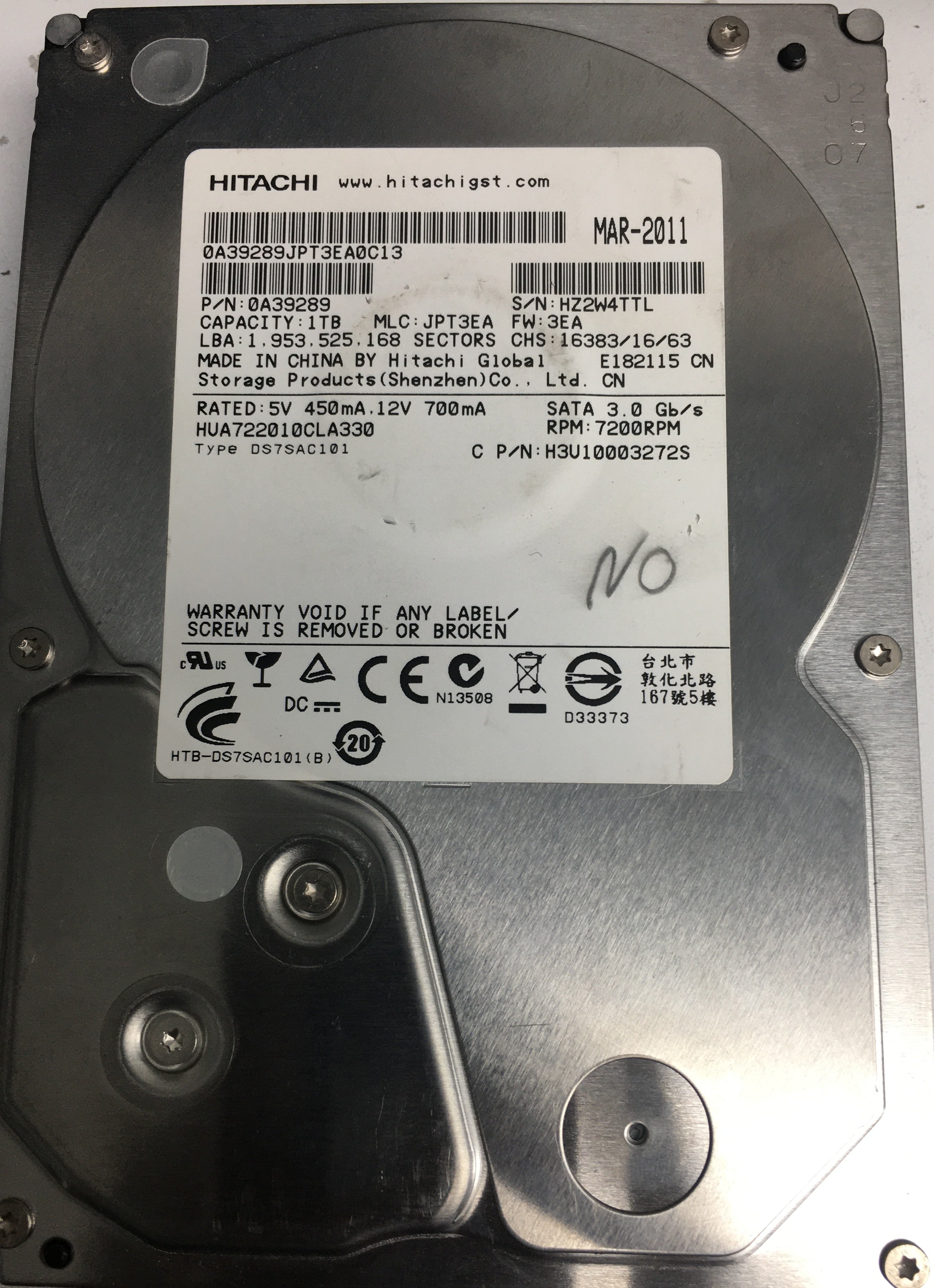 HUA722010CLA330, Serial Number: HZ2W4TTL, P/N: JPT3EA, MLC: JPT3EA, 1TB 3.5, PCB: 110 0A90188 01