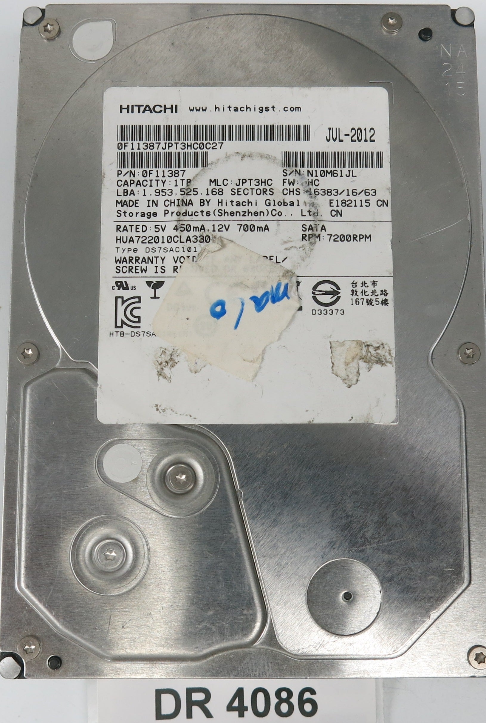 HUA722010CLA330, Serial Number: N10M61JL, P/N: 0F11387, MLC: JPT3HC, PCB: 110 0A90188 01