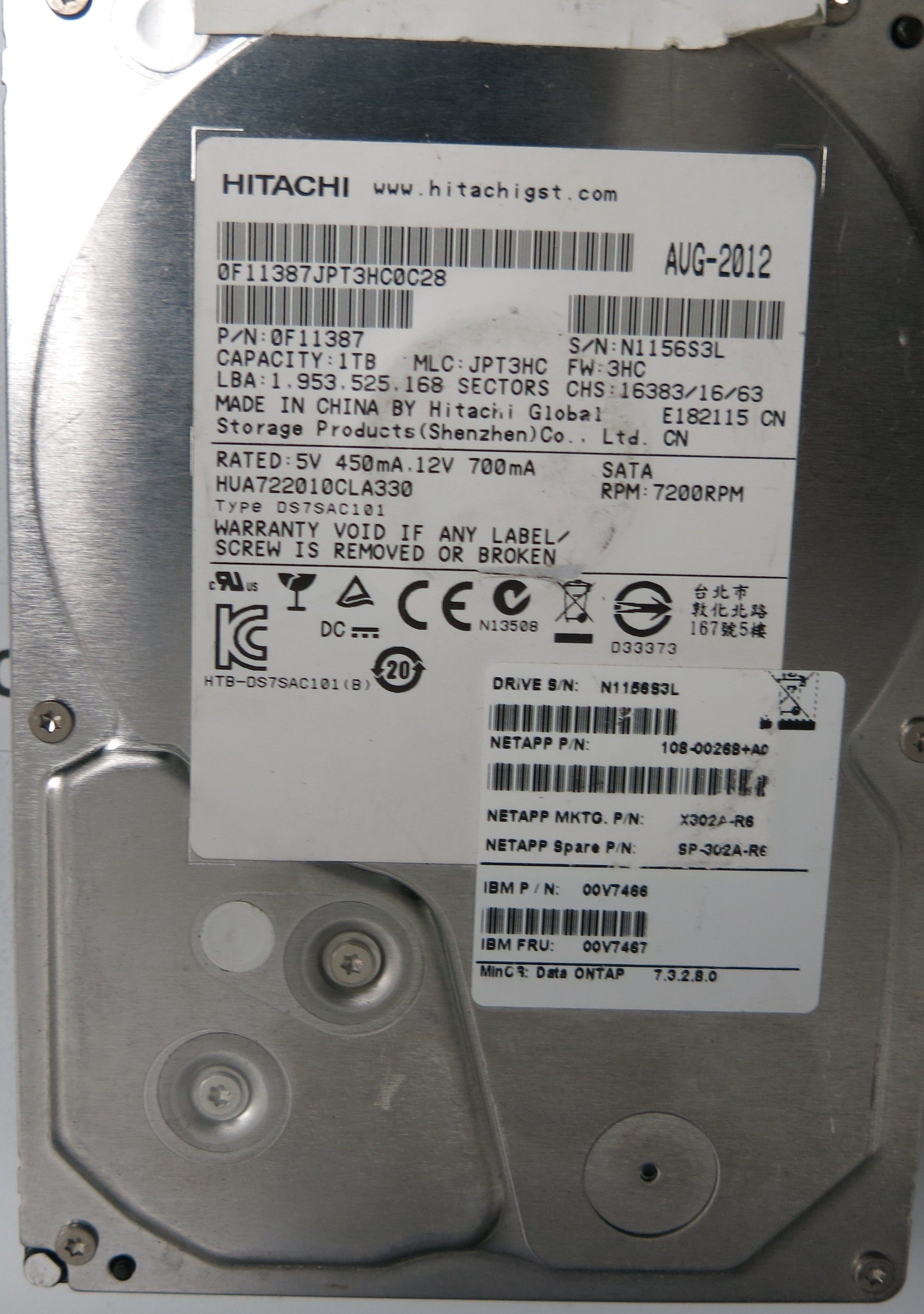 HUA722010CLA330, Serial Number: N1156S3L, P/N: 0F11387, MLC: JPT3HC, 1TB 3.5, PCB: 110 0A90188 01